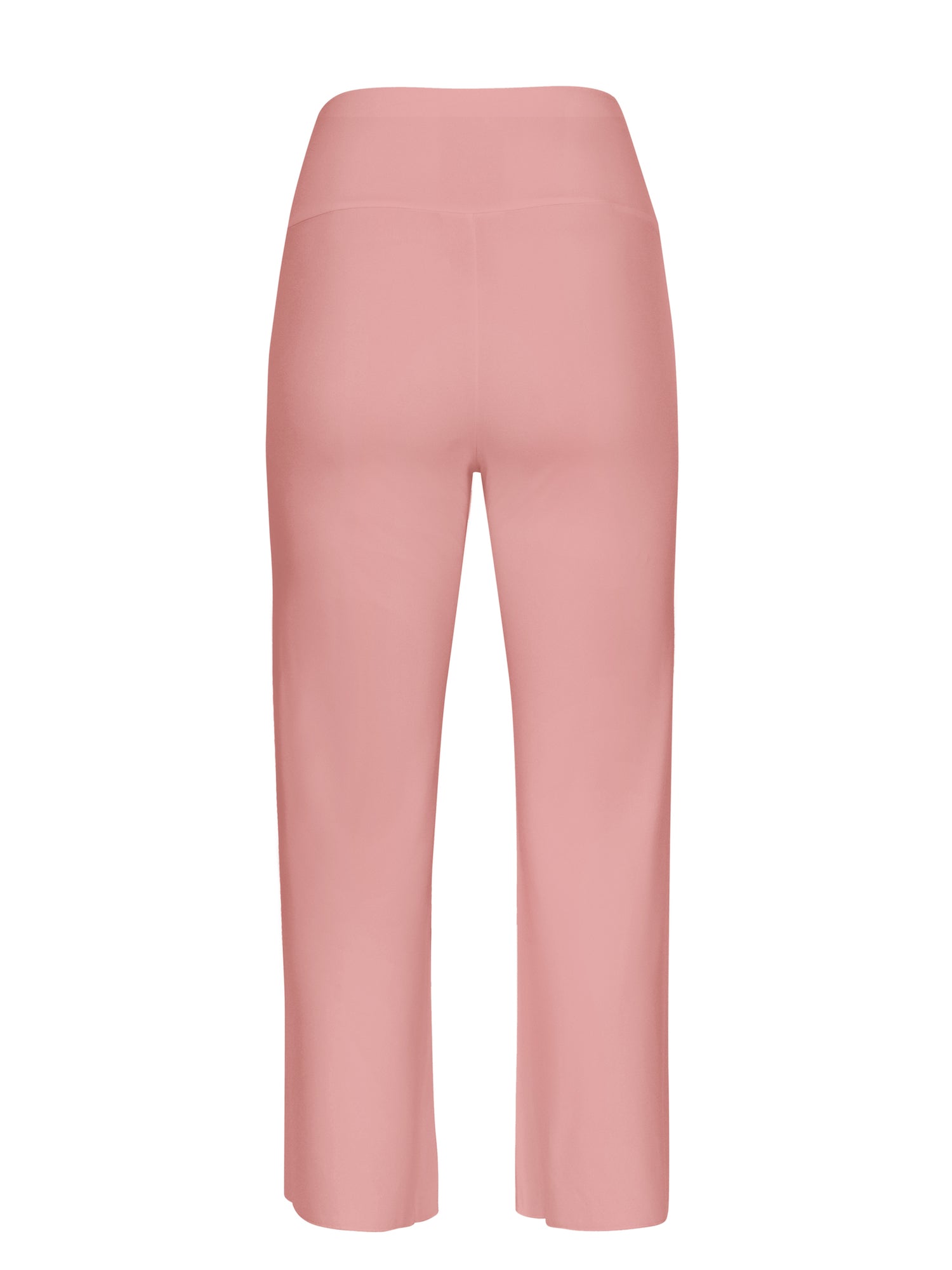 Model wearing pink 7/8 length resort pants, double layered adjustible high waistband, classic design, women's bamboo clothing