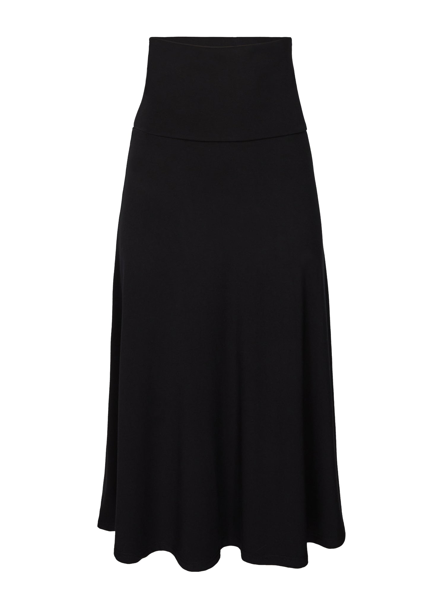 Model wearing black swing style long swishy skirt, mid - low calf length, double layered deep waistband, women's bamboo clothing