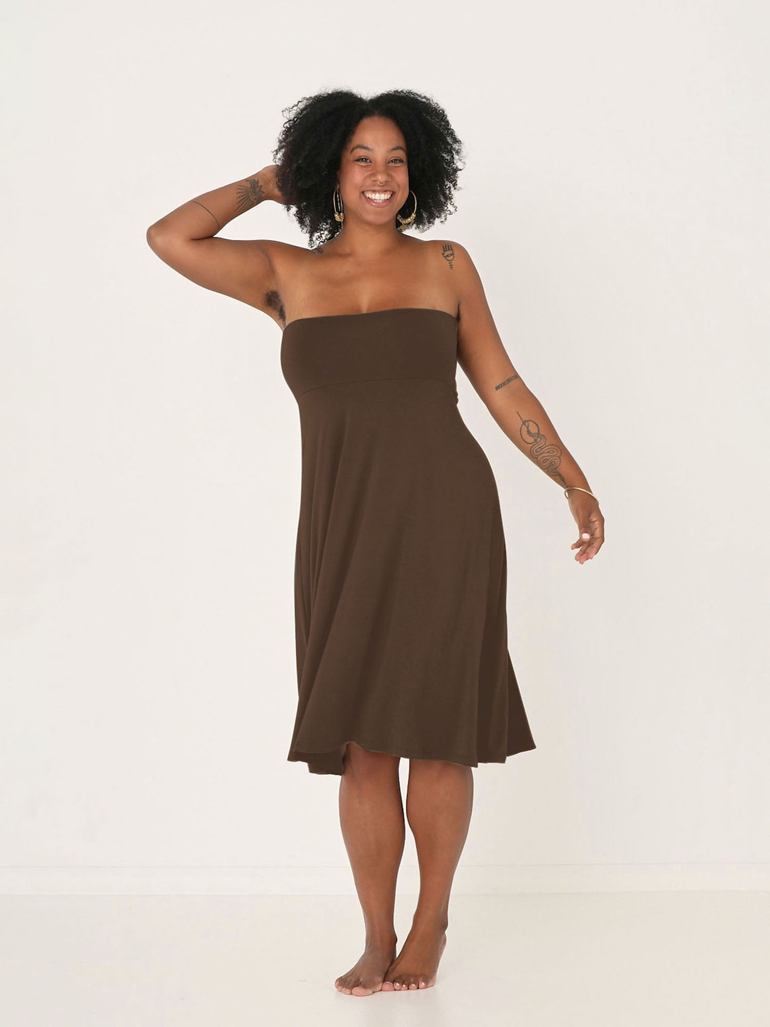 Model wearing cocoa swing style long swishy skirt convertible style worn as a strapless dress, women's bamboo clothing