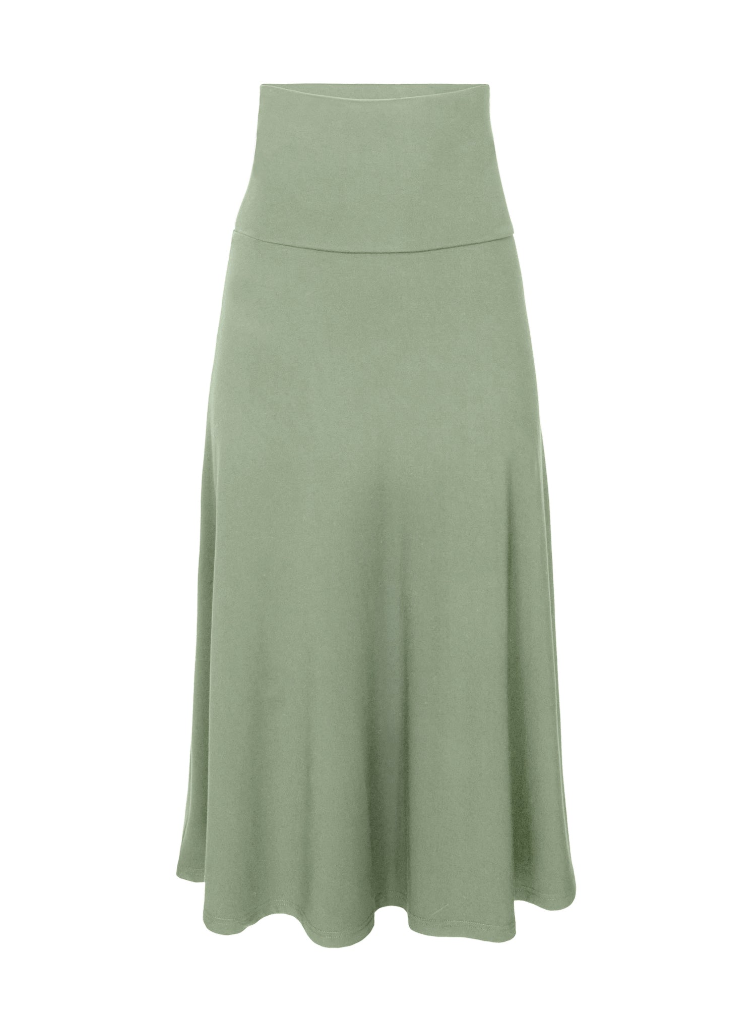 Model wearing eucalyptus swing style long swishy skirt, mid - low calf length, double layered deep waistband, women's bamboo clothing