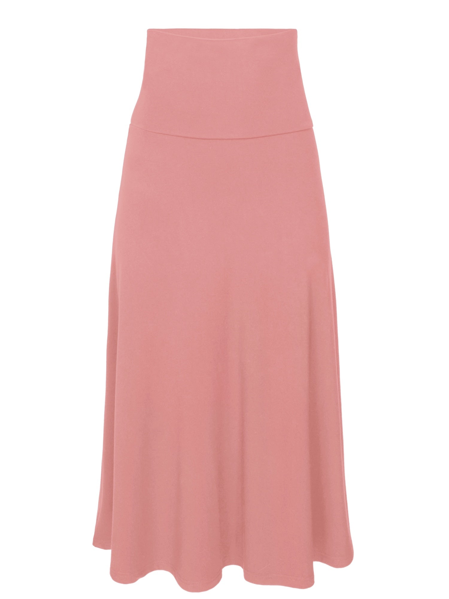 Model wearing pink swing style long swishy skirt, mid - low calf length, double layered deep waistband, women's bamboo clothing