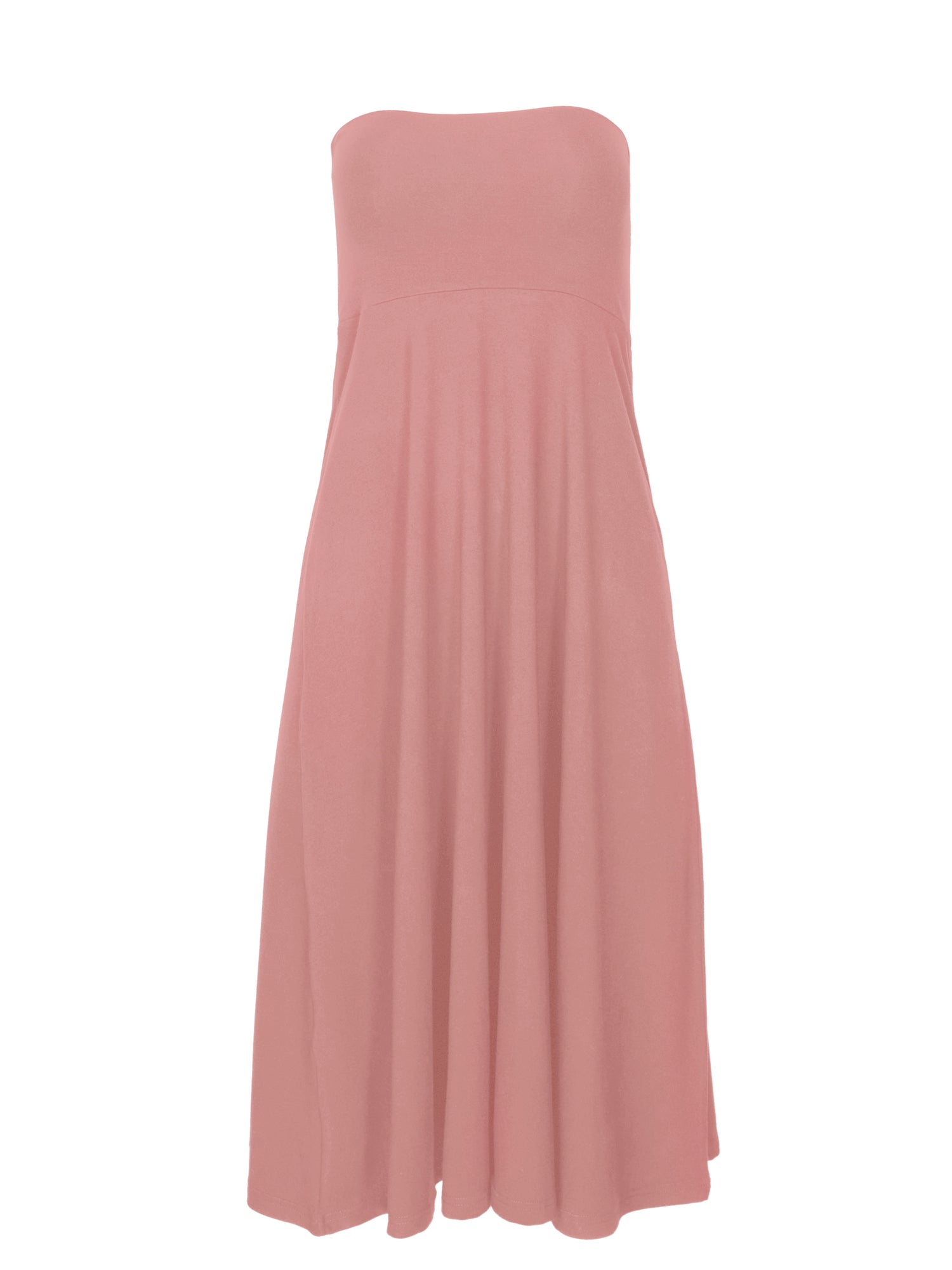 Model wearing pink swing style long swishy skirt, mid - low calf length, double layered deep waistband, women's bamboo clothing