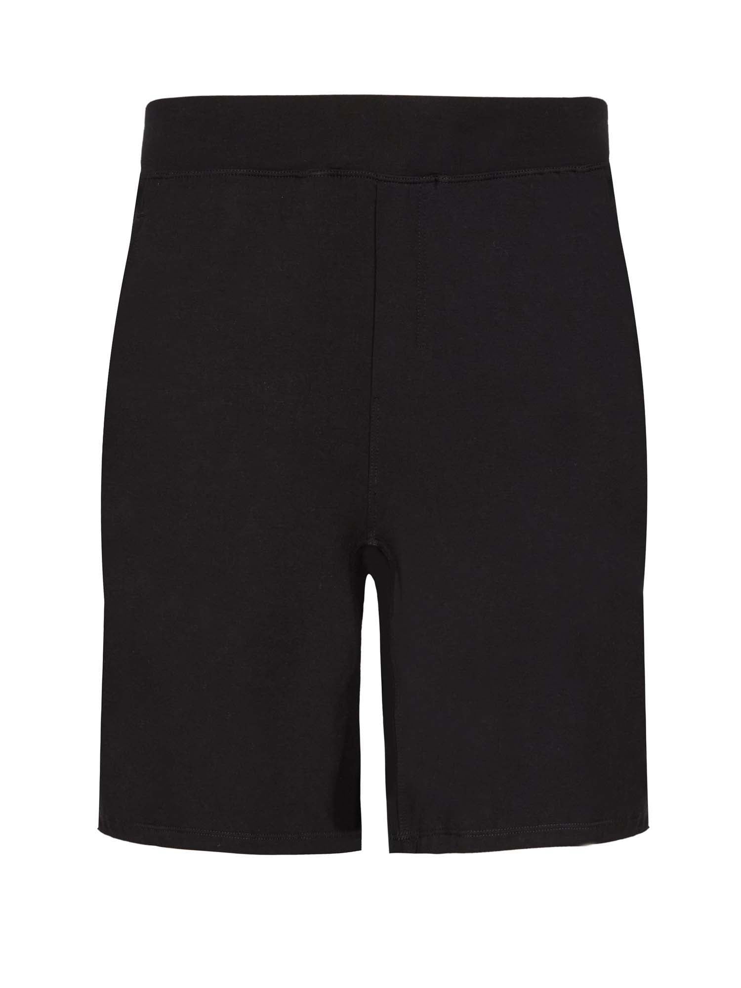 Male model wearing black casual shorts, above knee length with fly front detailing, pockets and elasticised waistband, men's bamboo clothing