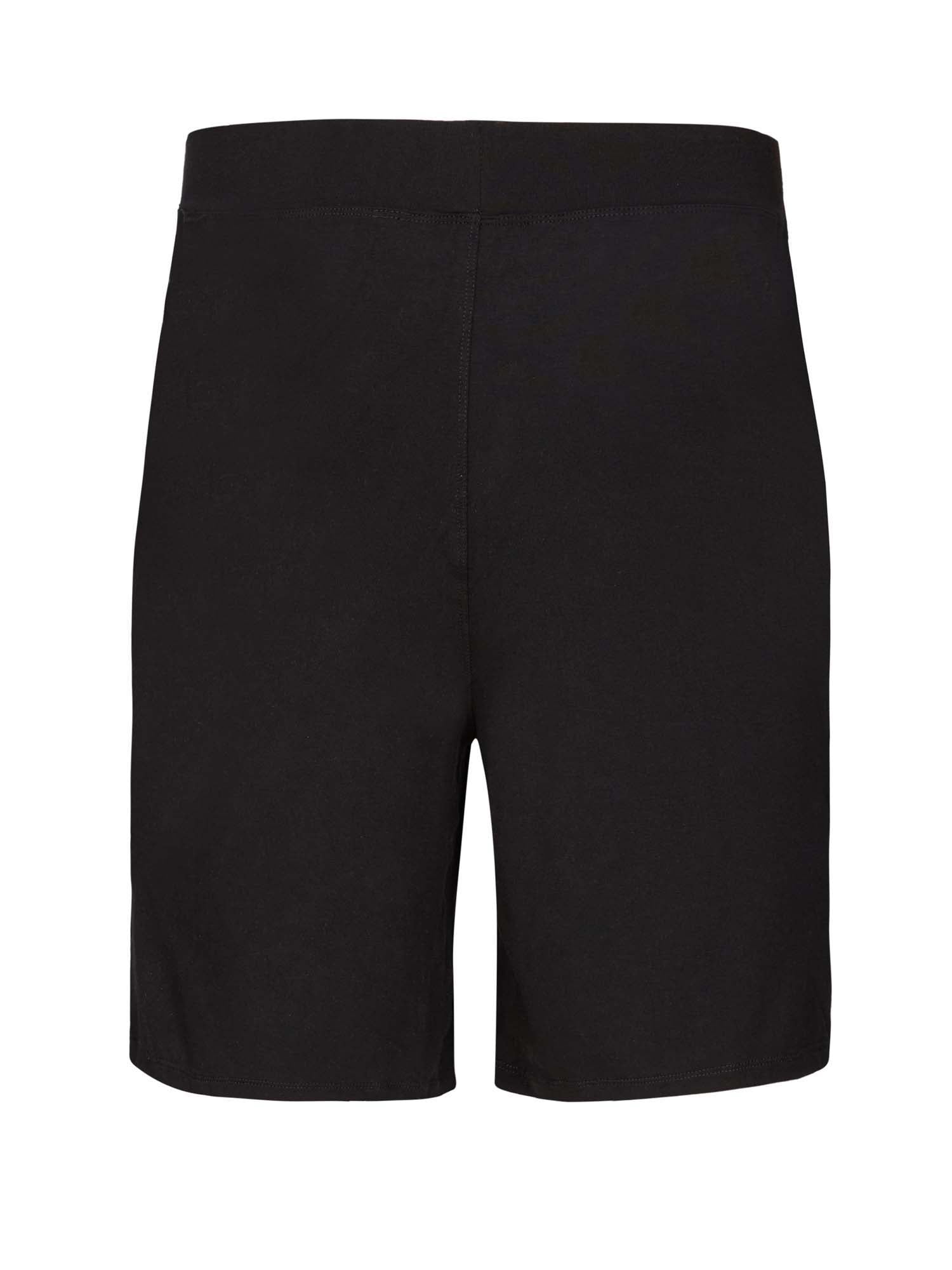 Male model wearing black casual shorts, above knee length with fly front detailing, pockets and elasticised waistband, men's bamboo clothing