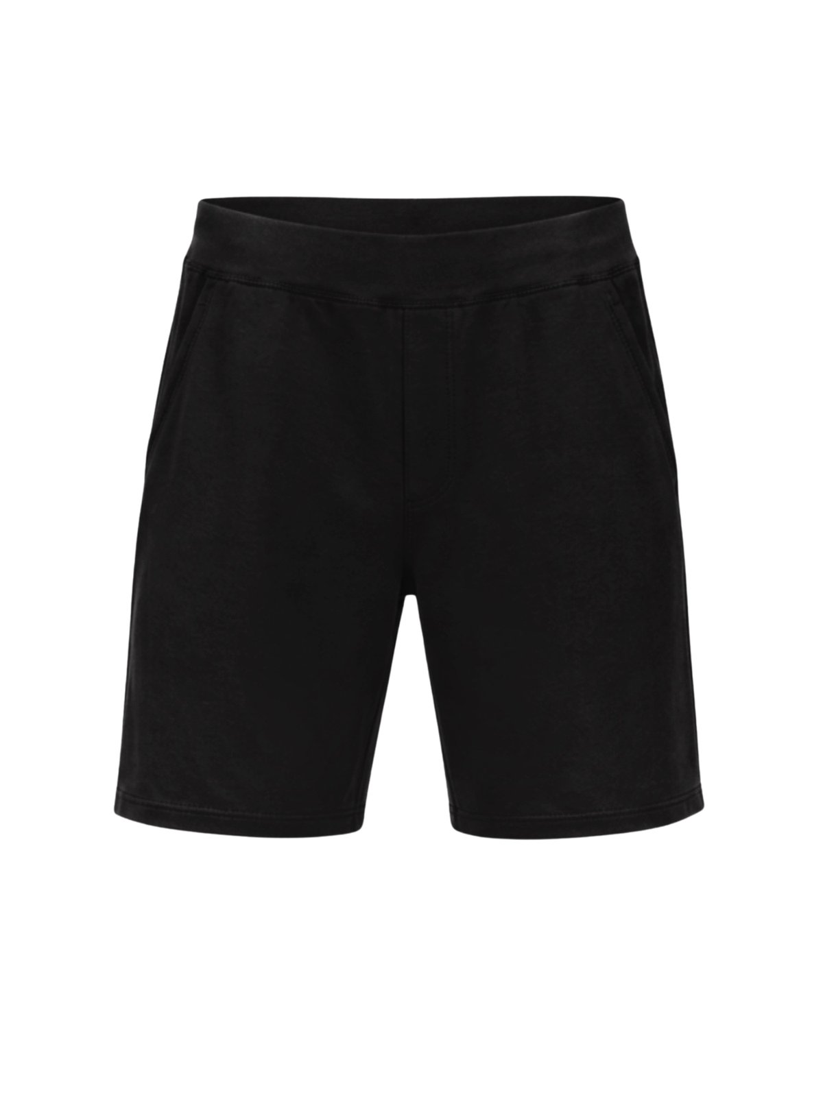 Black athletic shorts with an elastic waistband, displayed on a clean white background.