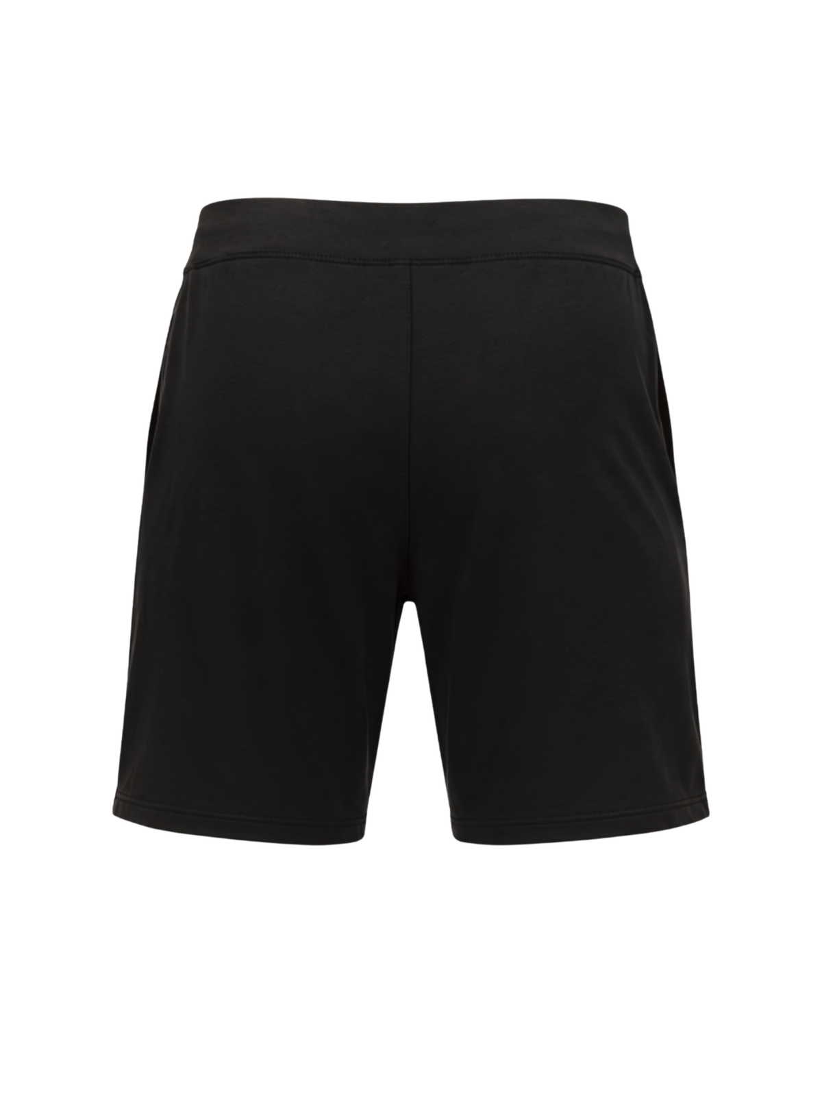 Black athletic shorts with a wide elastic waistband, shown from the back on a plain white background.