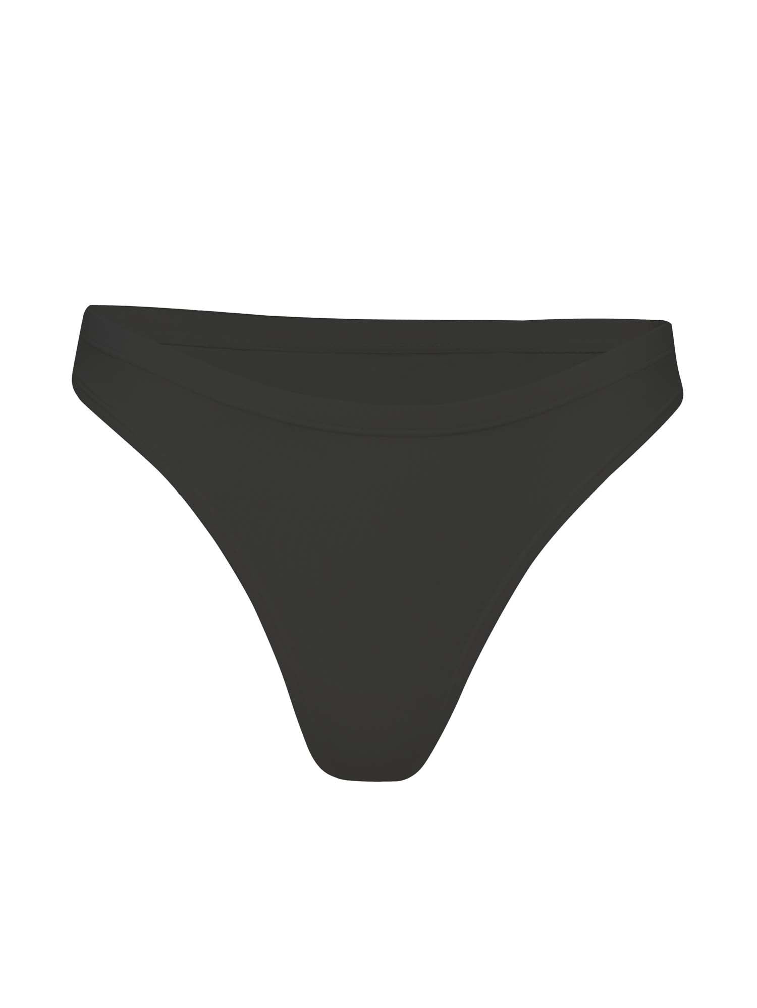 model wearing black hip g-string, mid waist, thong back, fuller coverage g-string, women's bamboo underwear