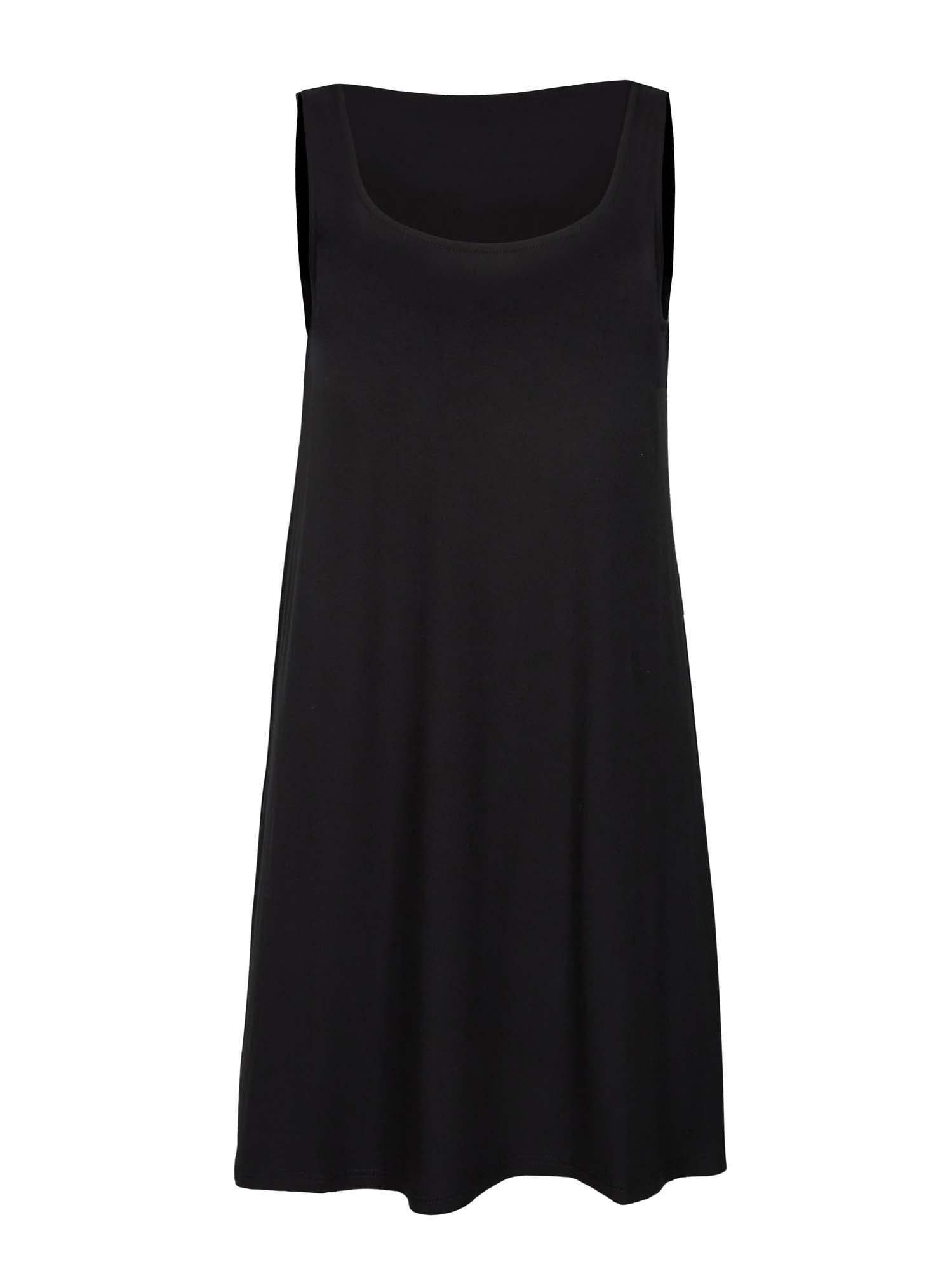 model wearing a black reversible sleeveless tunic with scoop and boat necklines, a-line singlet shape, mini length, women's bamboo clothing