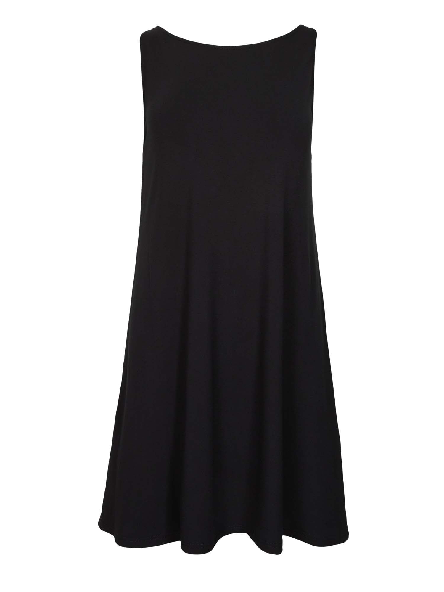 model wearing a black reversible sleeveless tunic with scoop and boat necklines, a-line singlet shape, mini length, women's bamboo clothing