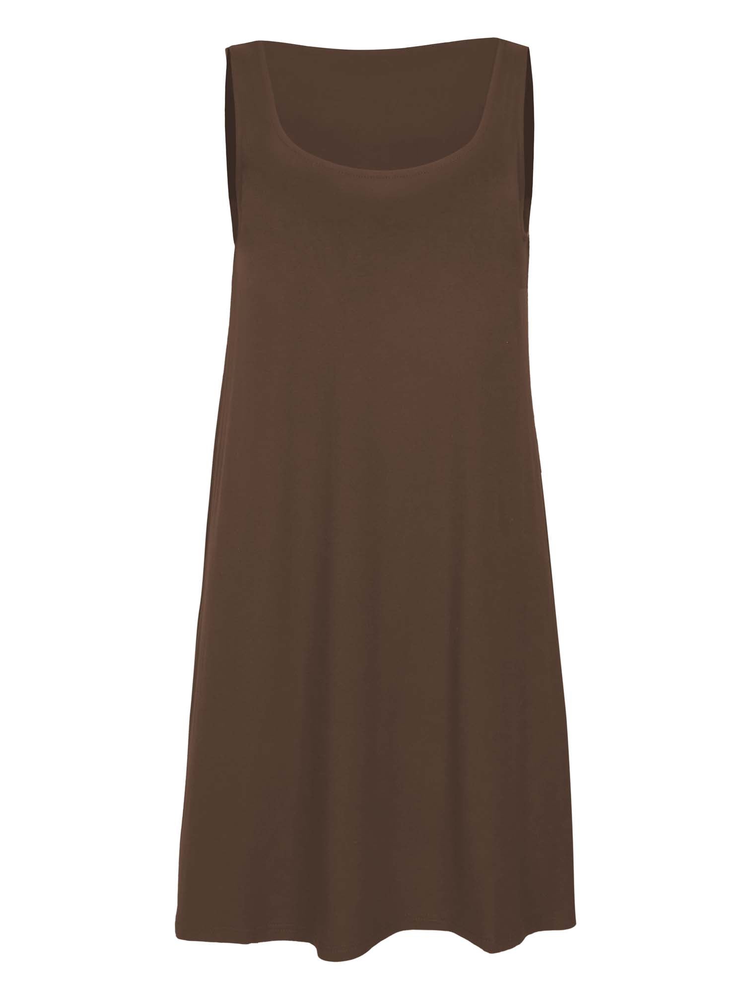 model wearing a cocoa reversible sleeveless tunic with scoop and boat necklines, a-line shape, mini length, women's bamboo clothing