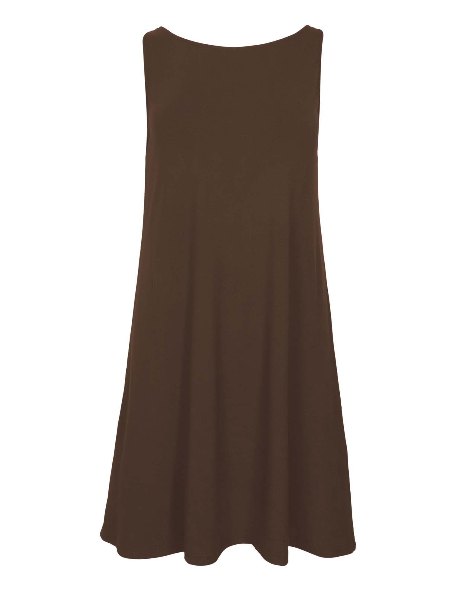 model wearing a cocoa reversible sleeveless tunic with scoop and boat necklines, a-line shape, mini length, women's bamboo clothing