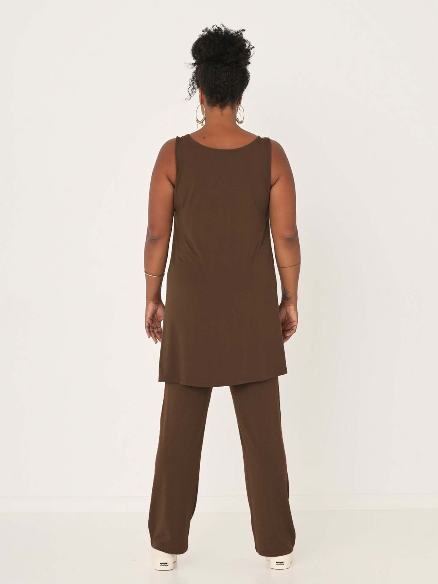 model wearing a cocoa reversible sleeveless tunic with scoop and boat necklines, a-line shape, mini length, women's bamboo clothing