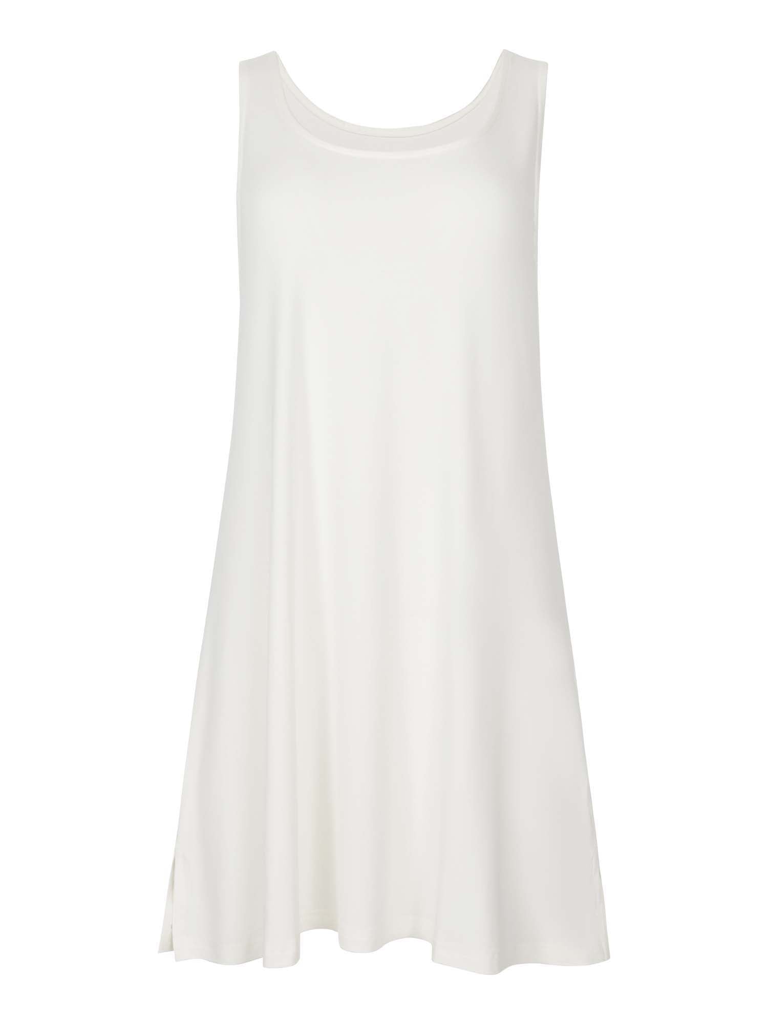 model wearing a cream reversible sleeveless tunic with scoop and boat necklines, a-line shape, mini length, women's bamboo clothing