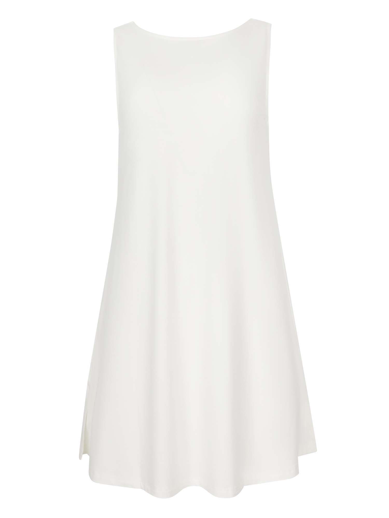 model wearing a cream reversible sleeveless tunic with scoop and boat necklines, a-line shape, mini length, women's bamboo clothing