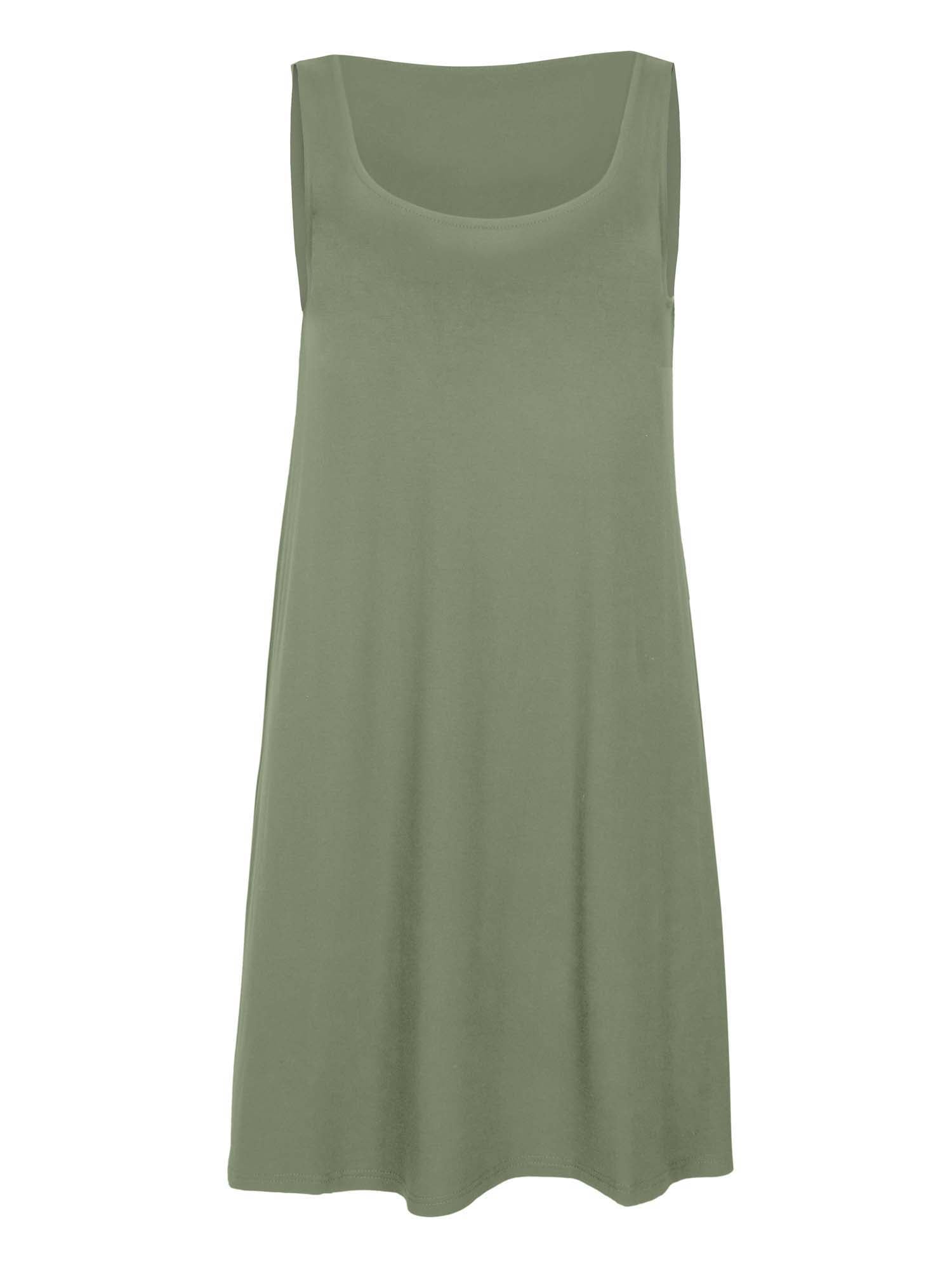 model wearing a eucalyptus green reversible sleeveless tunic with scoop and boat necklines, a-line shape, mini length, women's bamboo clothing
