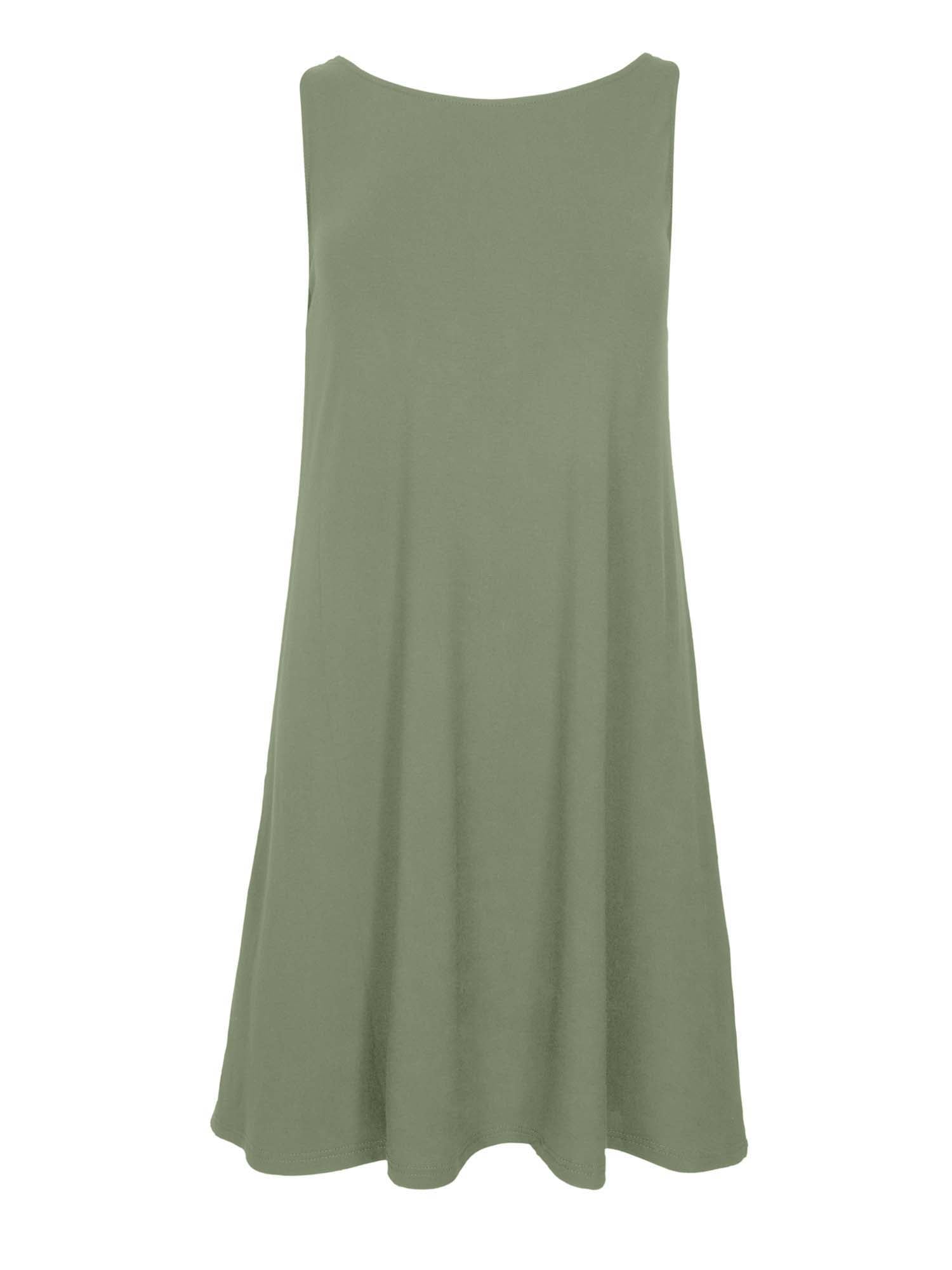 model wearing a eucalyptus green reversible sleeveless tunic with scoop and boat necklines, a-line shape, mini length, women's bamboo clothing