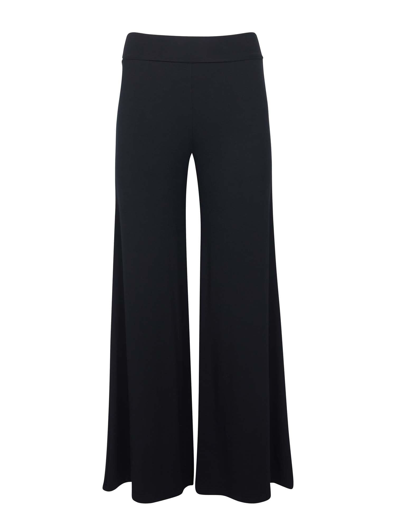 Model wearing black full length palazzo pants, fitted waist and hips with flowing wide leg, adjustible high waistband, women's bamboo clothing