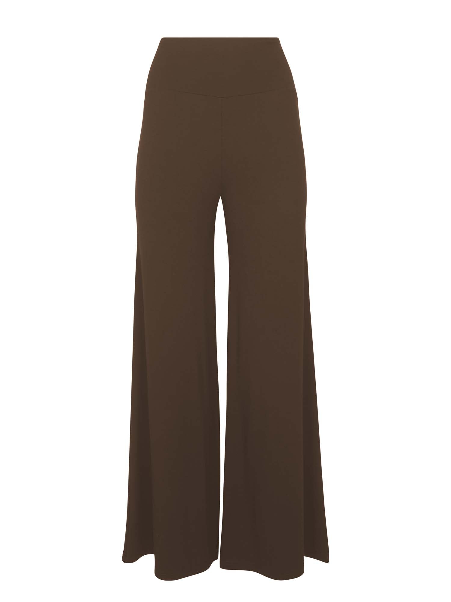 Model wearing cocoa full length palazzo pants, fitted waist and hips with flowing wide leg, adjustible high waistband, women's bamboo clothing