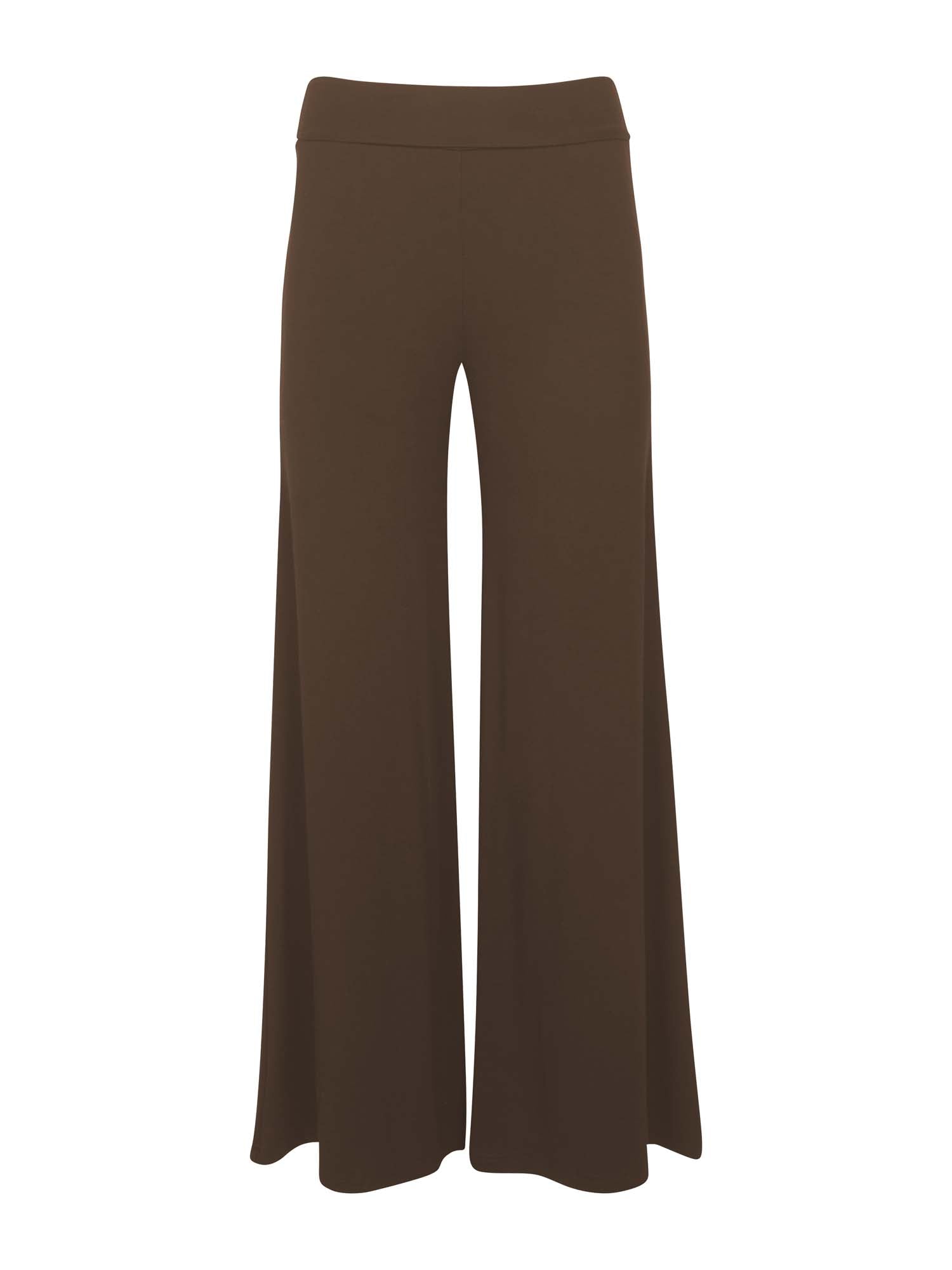 Model wearing cocoa full length palazzo pants, fitted waist and hips with flowing wide leg, adjustible high waistband, women's bamboo clothing