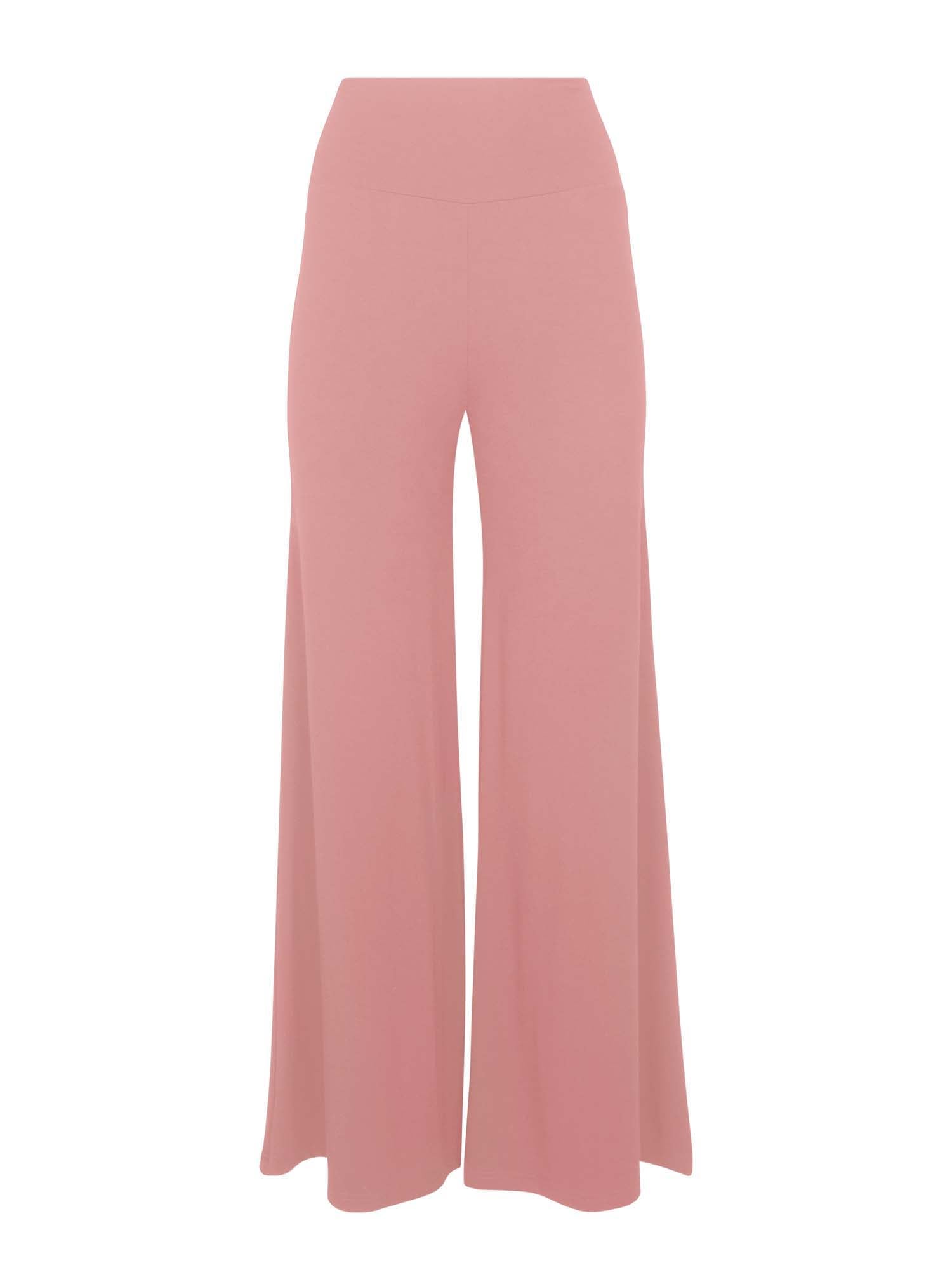 Model wearing pink full length palazzo pants, fitted waist and hips with flowing wide leg, adjustible high waistband, women's bamboo clothing