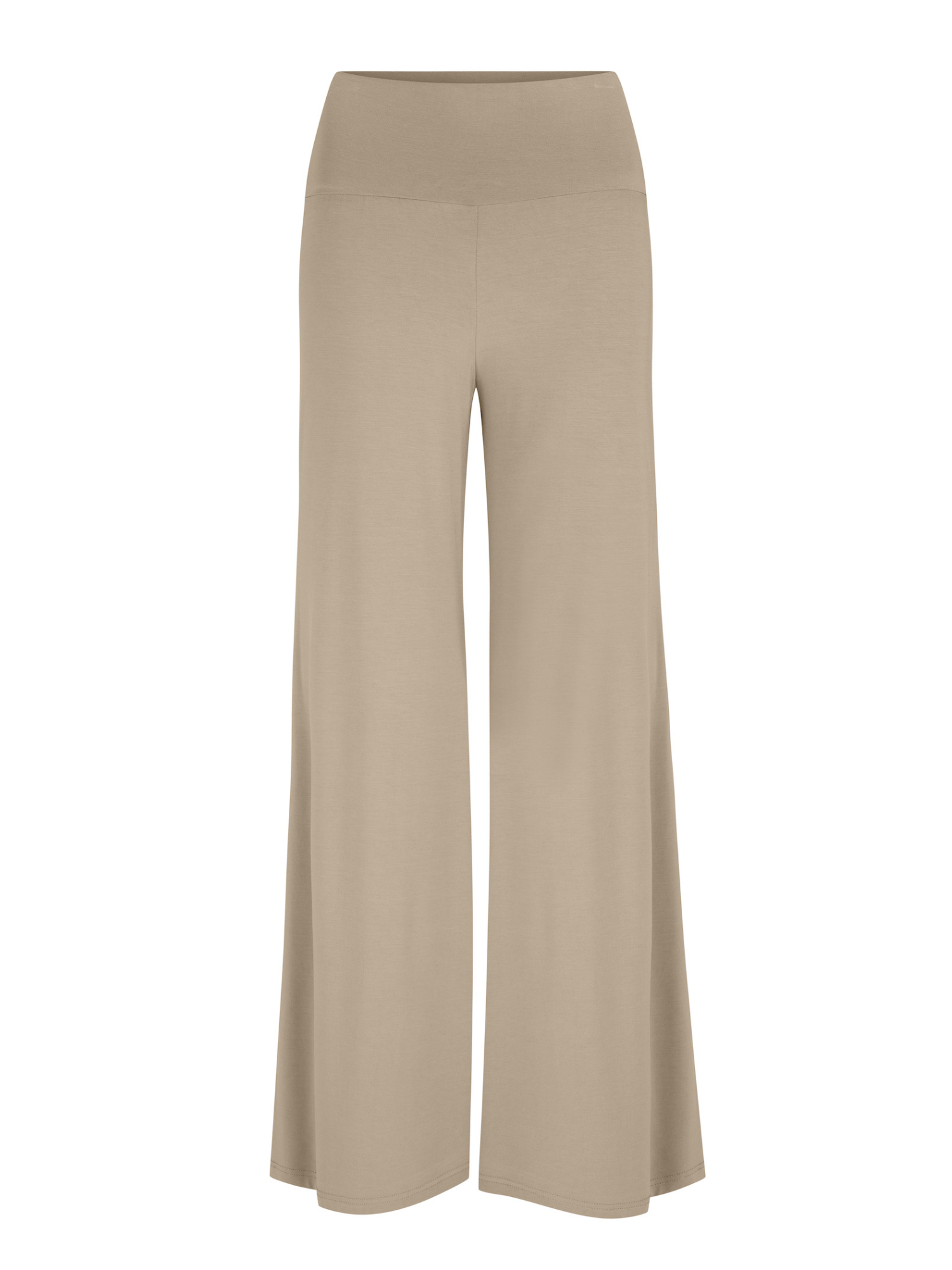 Caramel full length palazzo pants, fitted waist and hips with flowing wide leg, adjustable high waistband, women's bamboo clothing