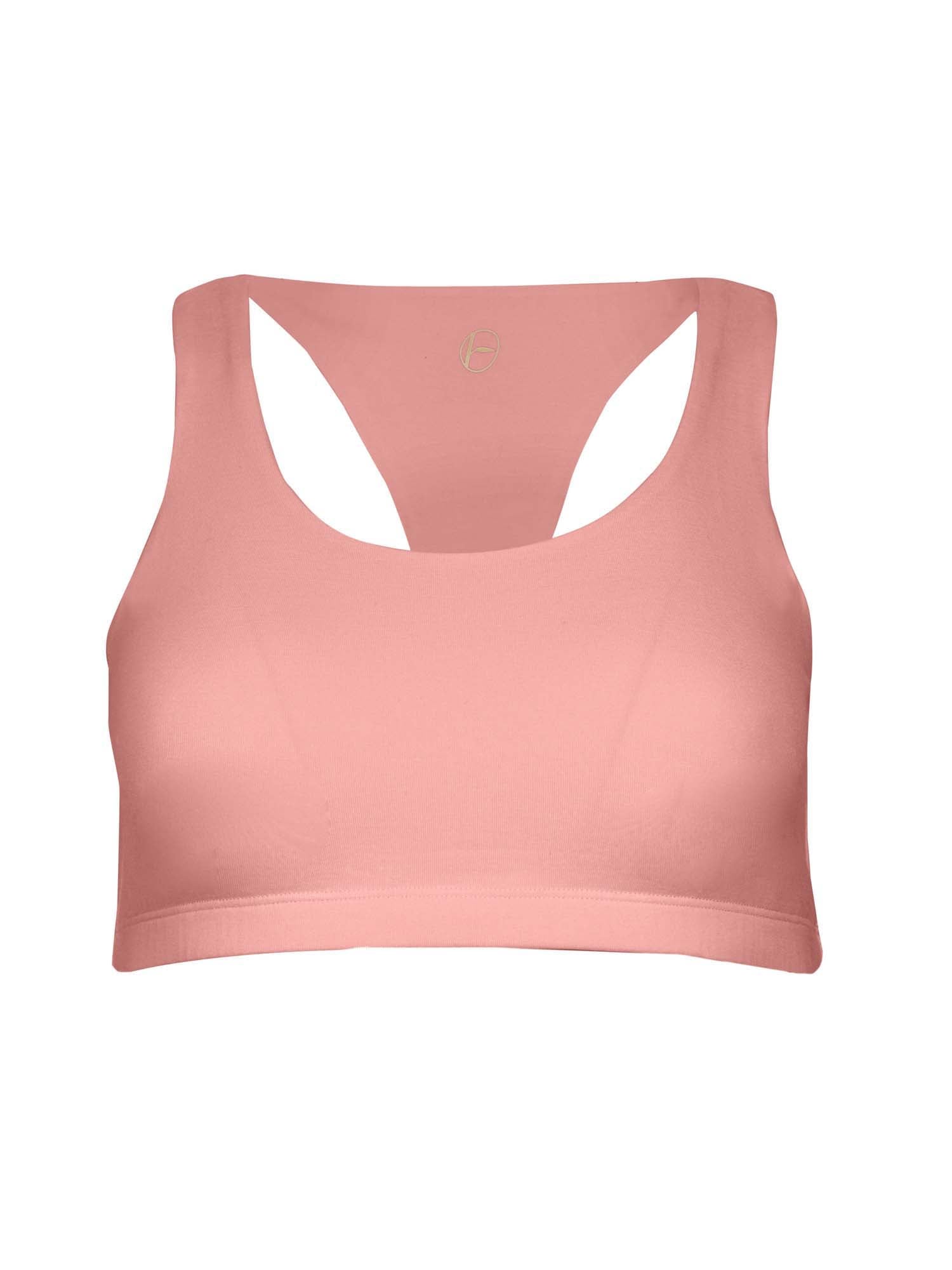 Model wearing a pink racer back bra with double layered fabric, sports bra, wireless bra, women's bamboo underwear
