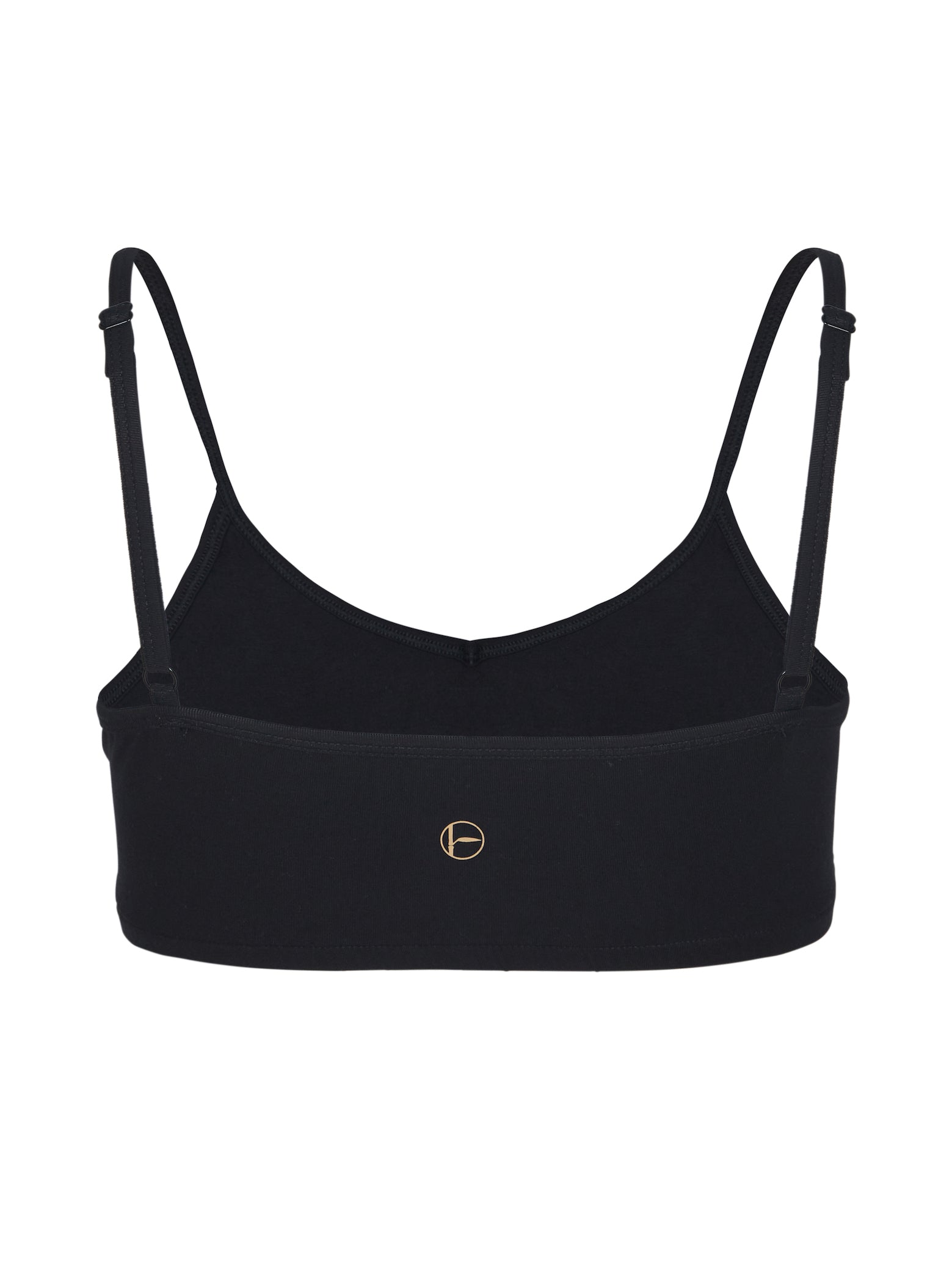Model wearing a black wireless yoga bra, subtle v front, soft cup bralette with adjustable camisole straps, women's bamboo underwear