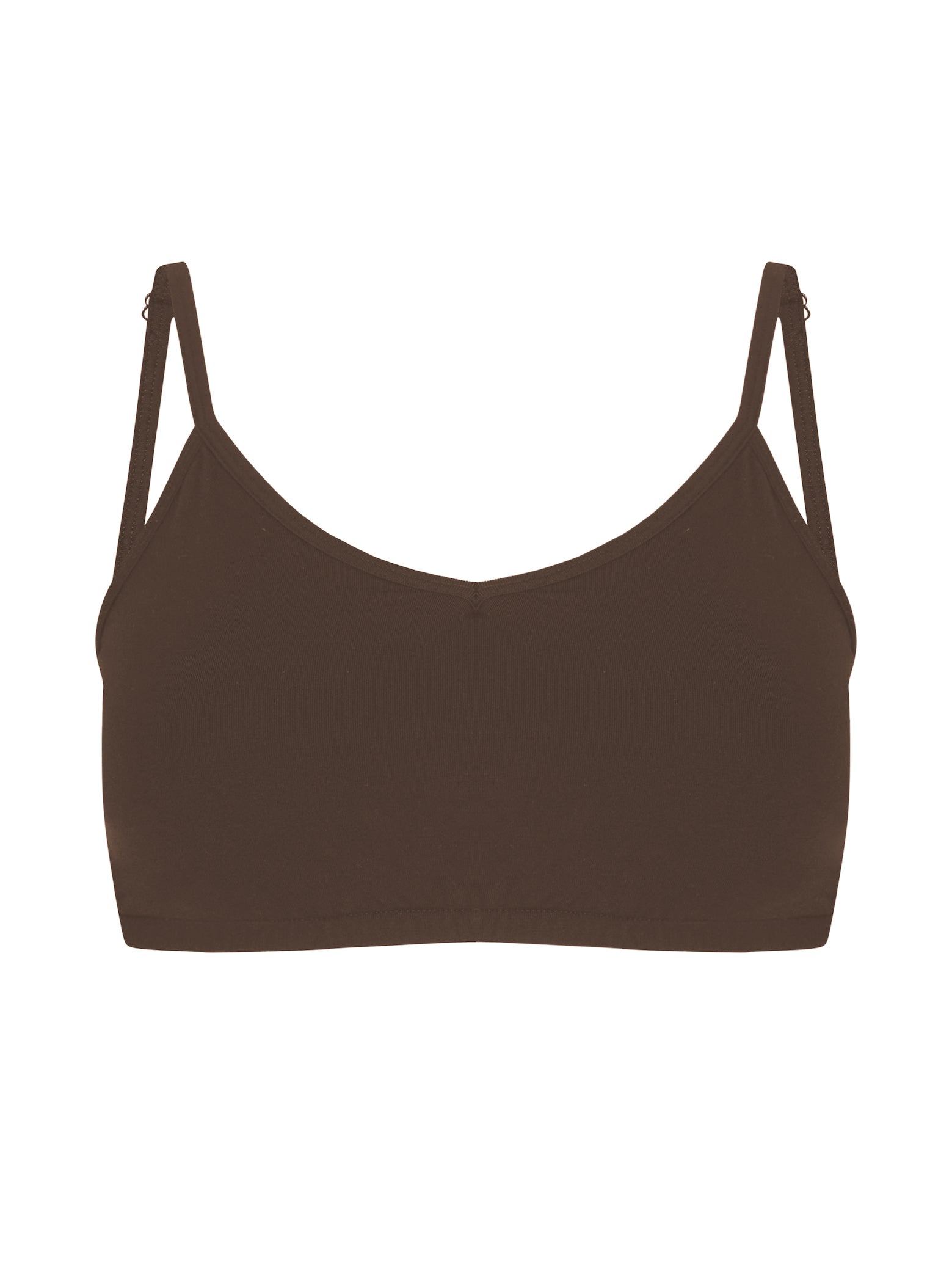Model wearing a cocoa wireless yoga bra, subtle v front, soft cup bralette with adjustable camisole straps, women's bamboo underwear