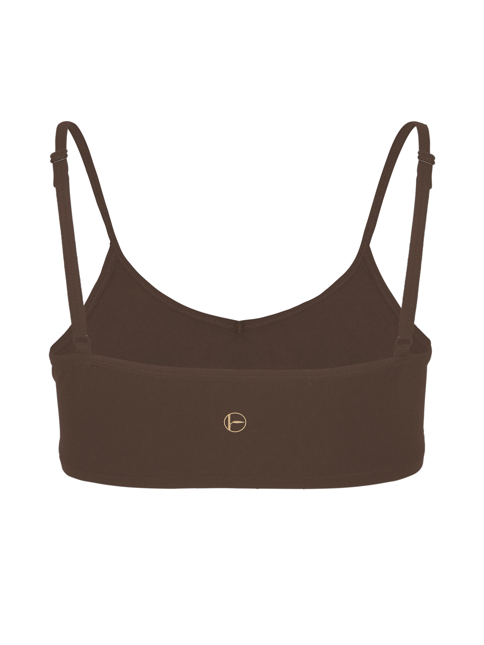 Model wearing a cocoa wireless yoga bra, subtle v front, soft cup bralette with adjustable camisole straps, women's bamboo underwear