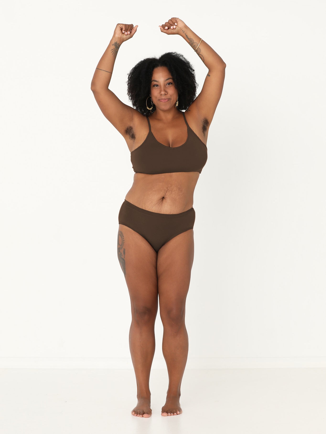 Model wearing a cocoa wireless yoga bra, subtle v front, soft cup bralette with adjustable camisole straps, women's bamboo underwear