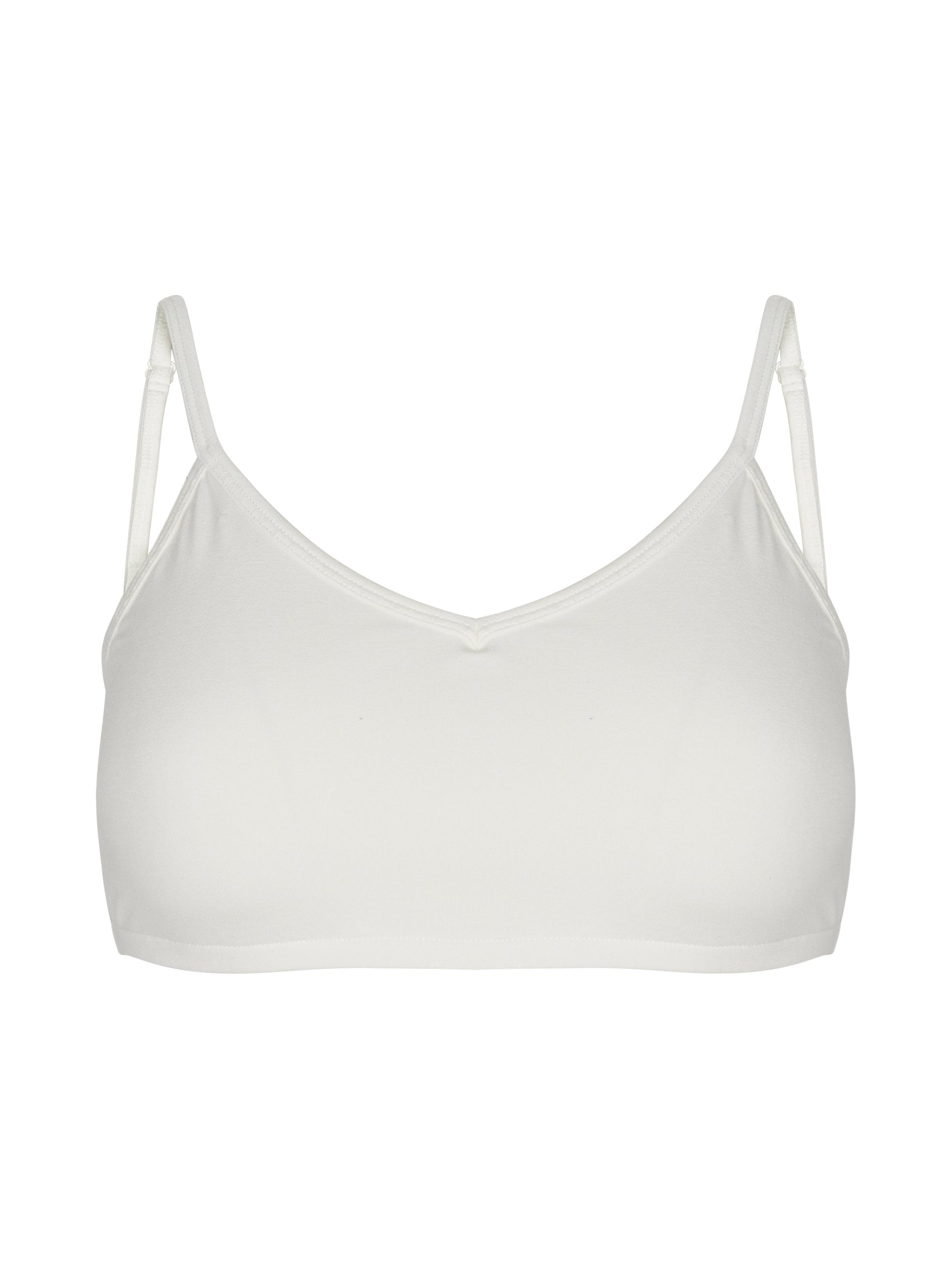 Cream wireless yoga bra, subtle v front, soft cup bralette with adjustable camisole straps, women's bamboo underwear