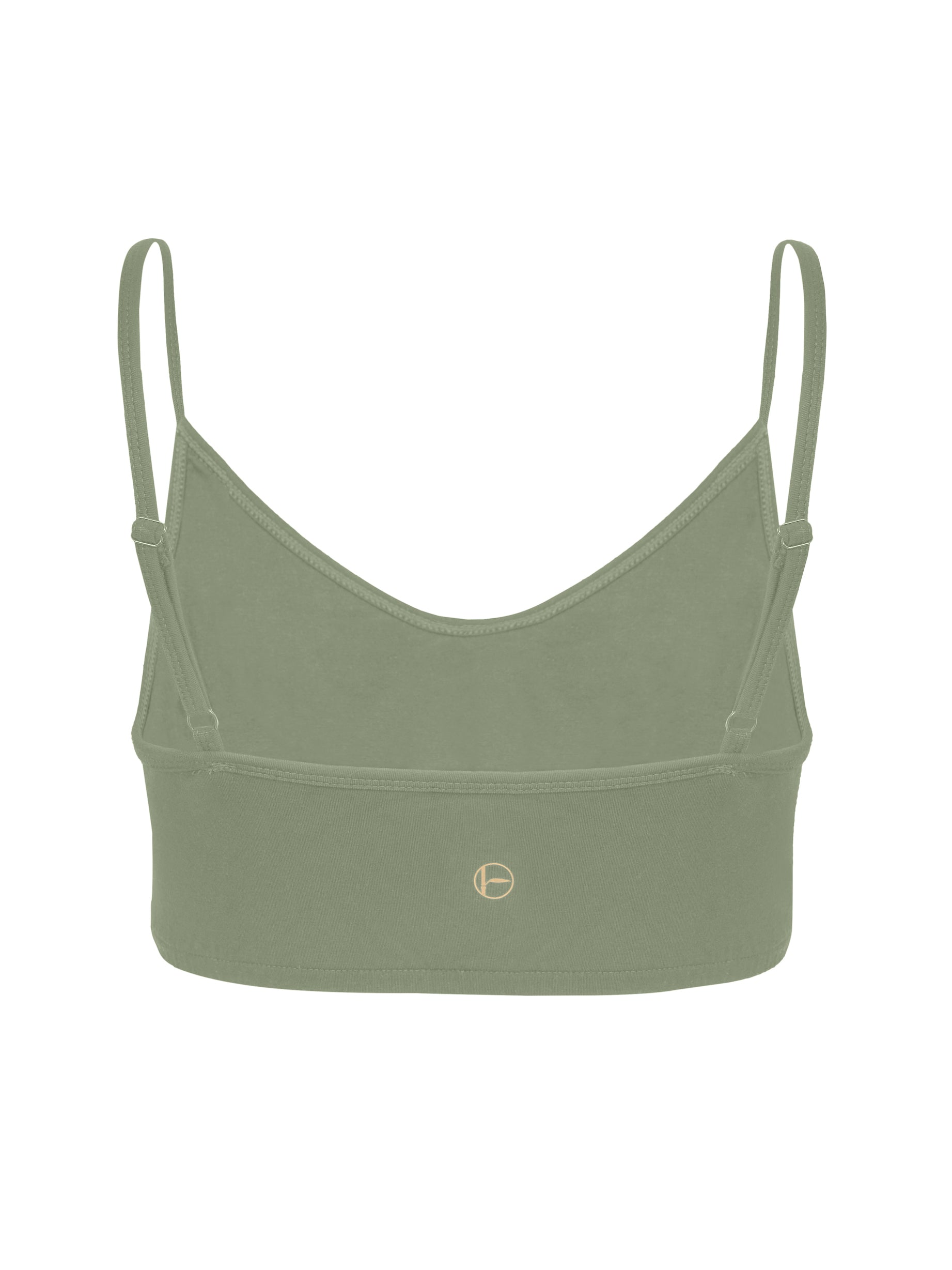 Model wearing a eucalyptus green, wireless yoga bra, subtle v front, soft cup bralette with adjustable camisole straps, women's bamboo underwear