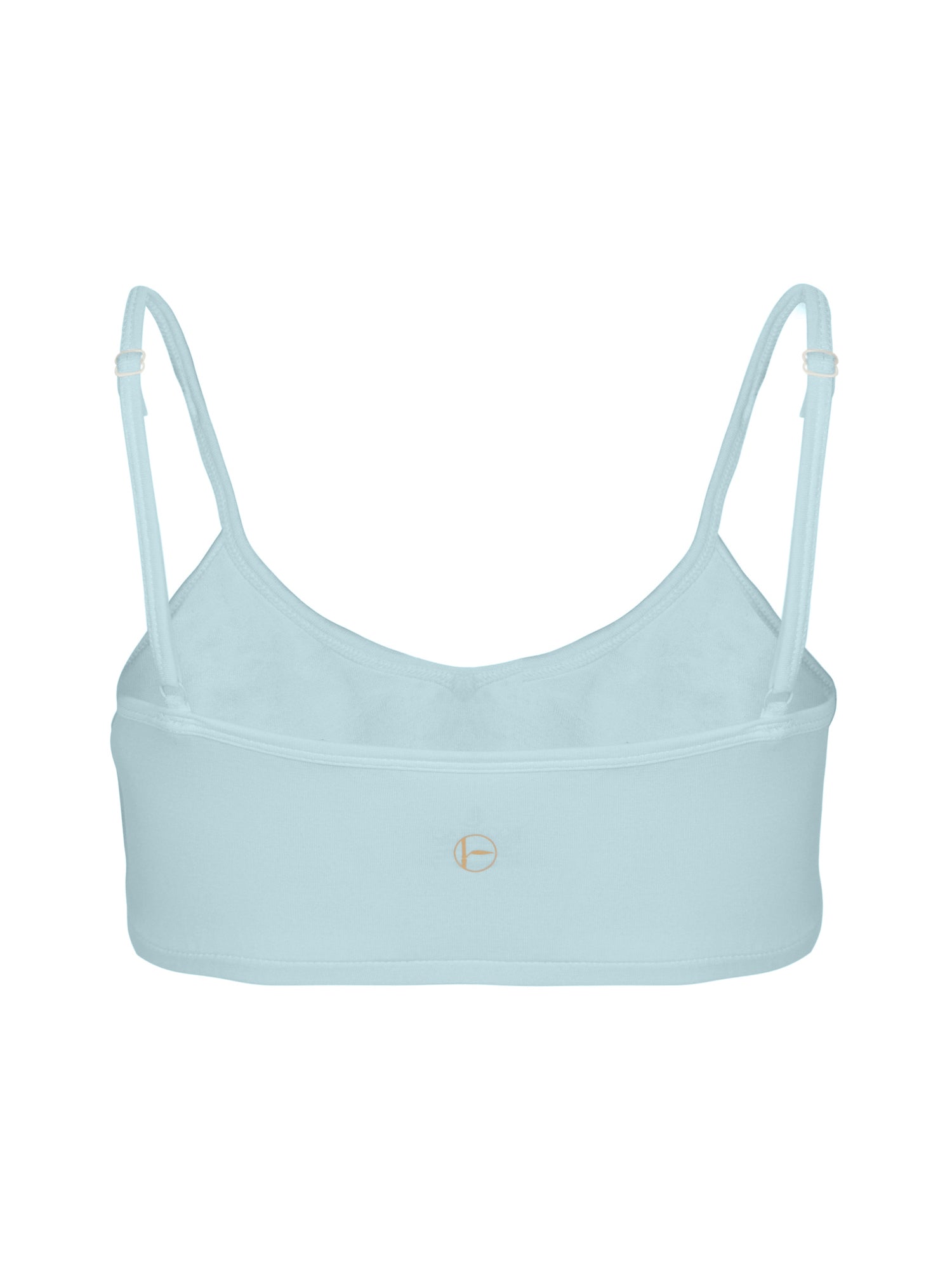 Light blue sports bra with thin straps on a white background
