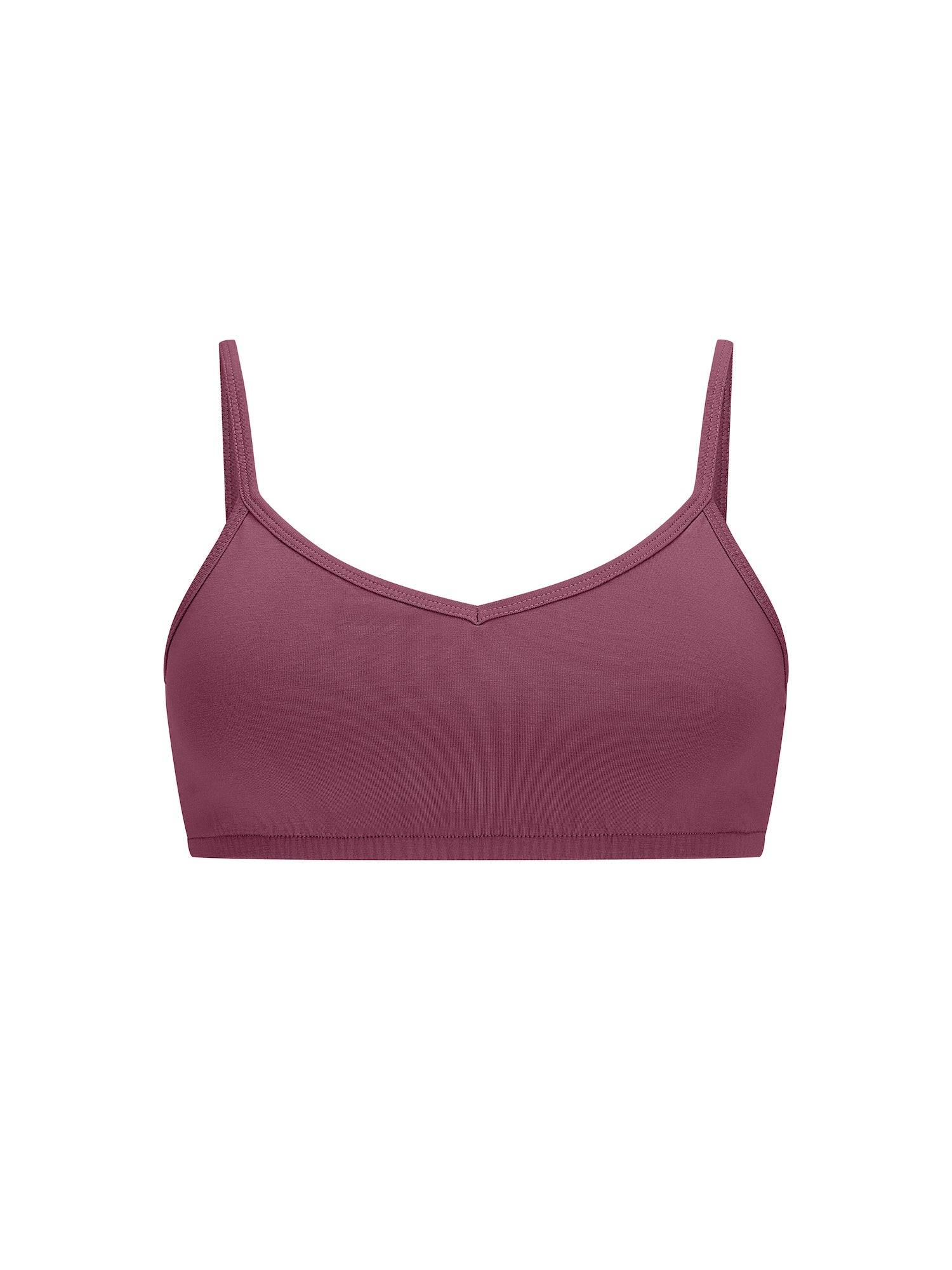 aubergine maroon wireless yoga bra, subtle v front, soft cup bralette with adjustable camisole straps, women's bamboo underwear