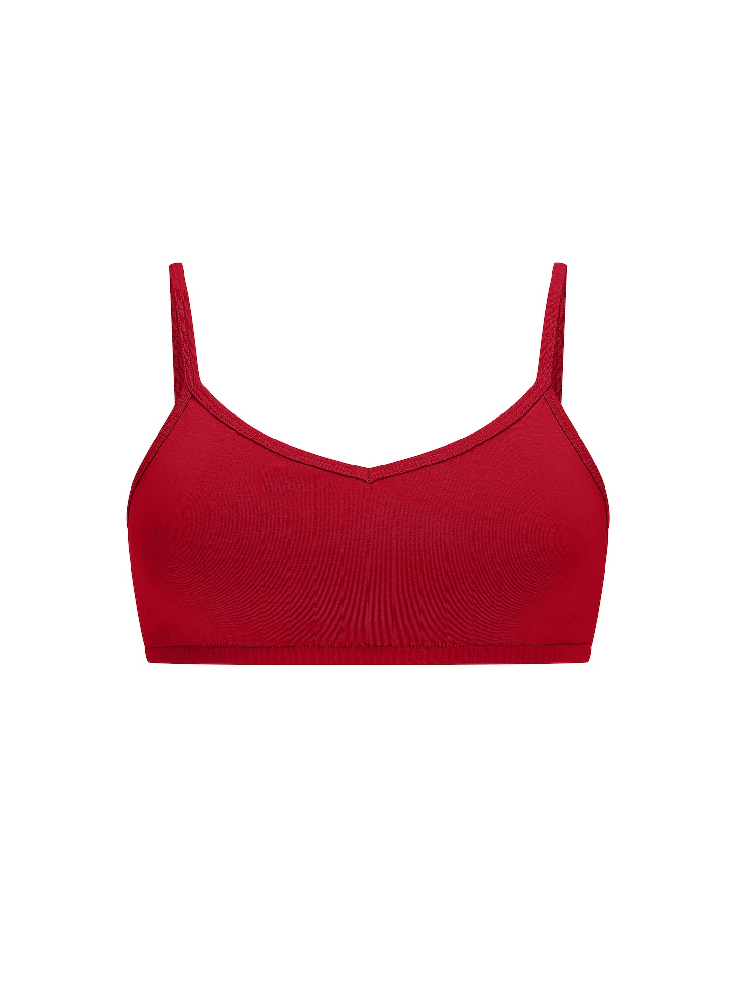 chili pepper red wireless yoga bra, subtle v front, soft cup bralette with adjustable camisole straps, women's bamboo underwear