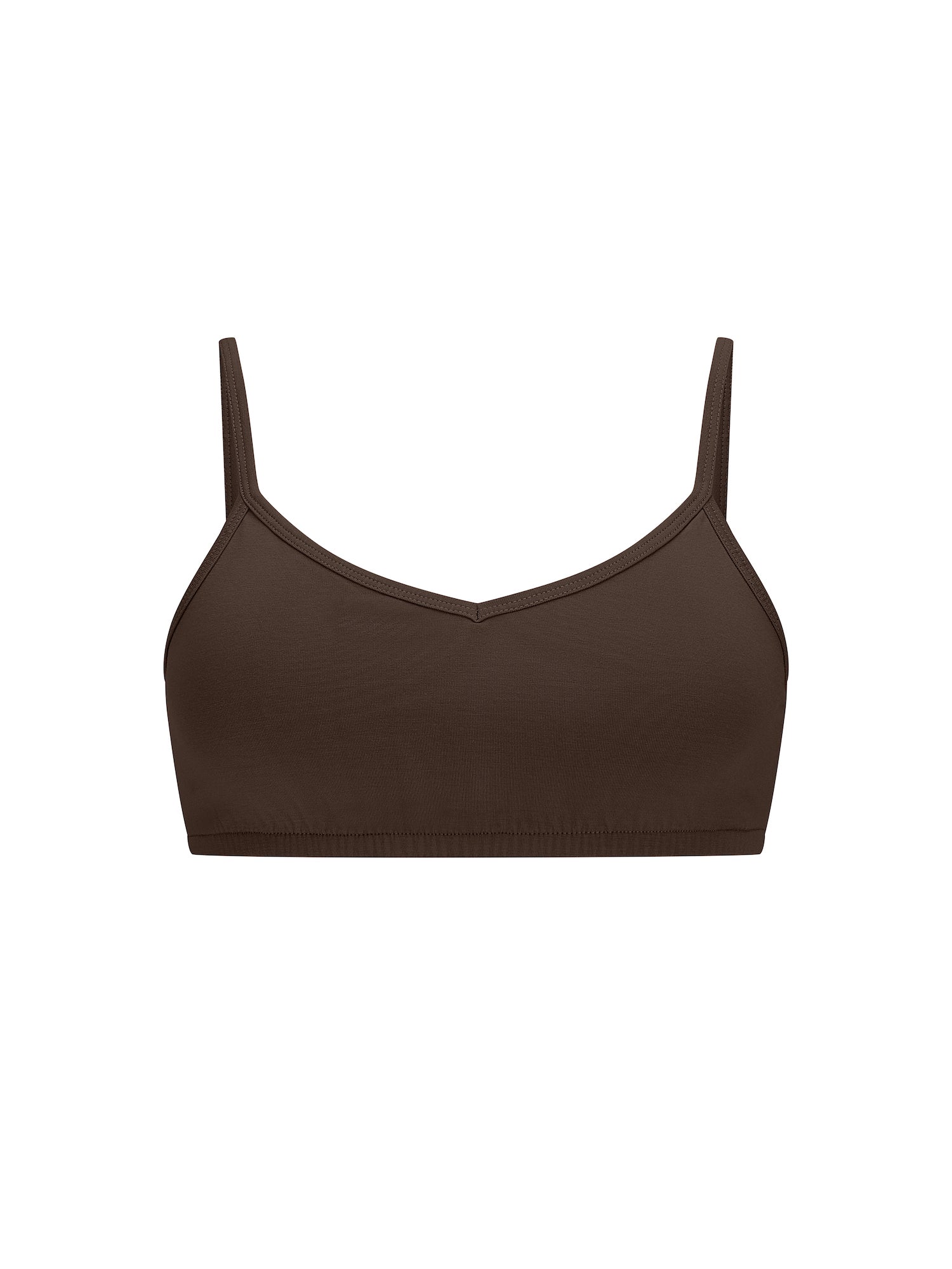 Cocoa brown wireless yoga bra, subtle v front, soft cup bralette with adjustable camisole straps, women's bamboo underwear