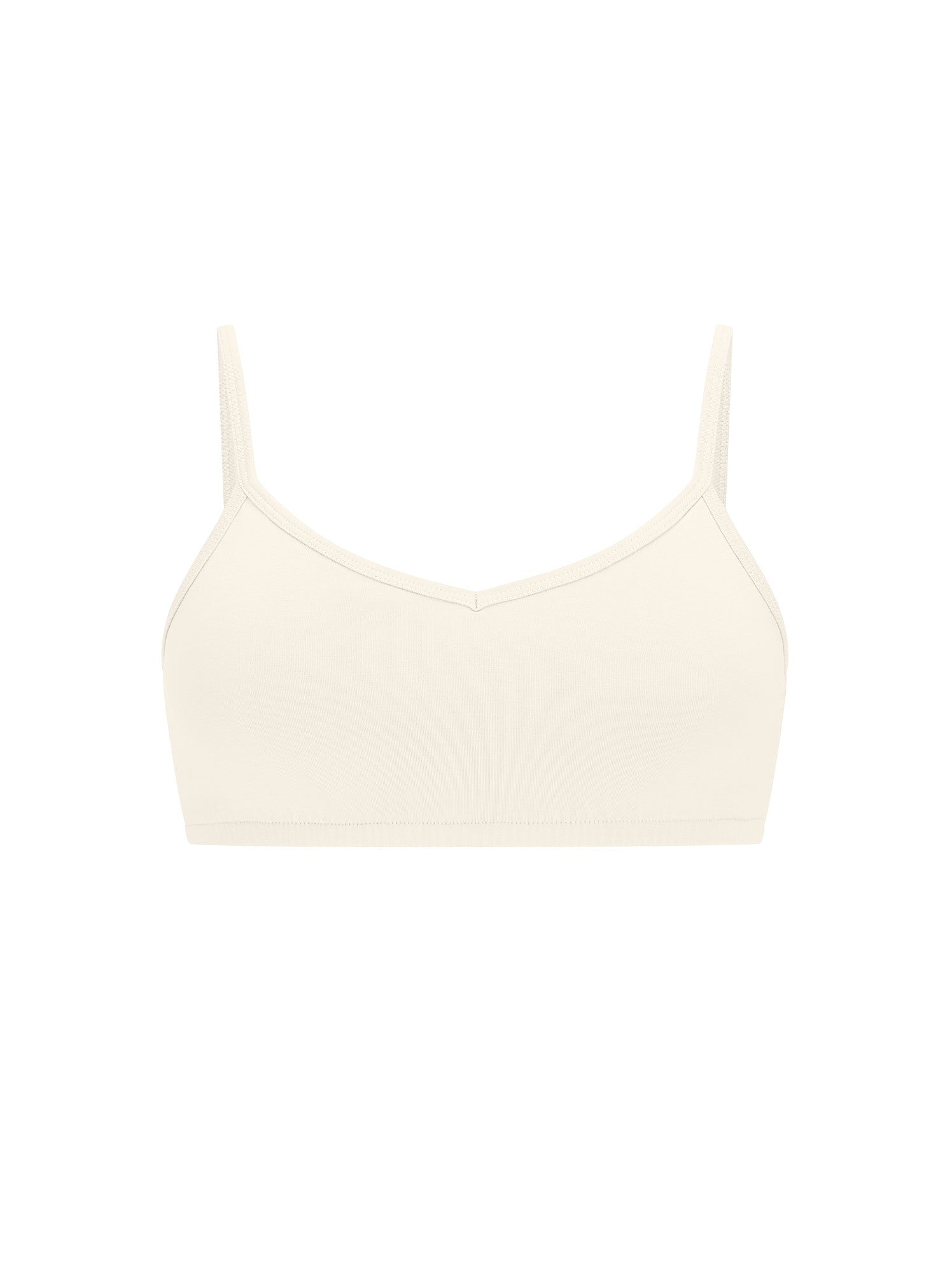 Cream wireless yoga bra, subtle v front, soft cup bralette with adjustable camisole straps, women's bamboo underwear