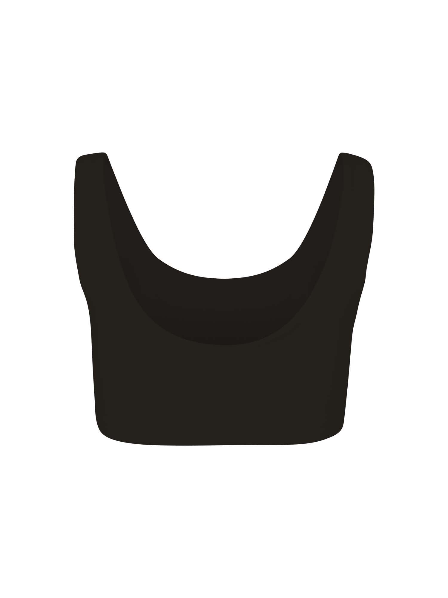 Model wearing black reversible bra, high or low scoop neckline and wide shoulder straps, wireless bra, women's bamboo underwear