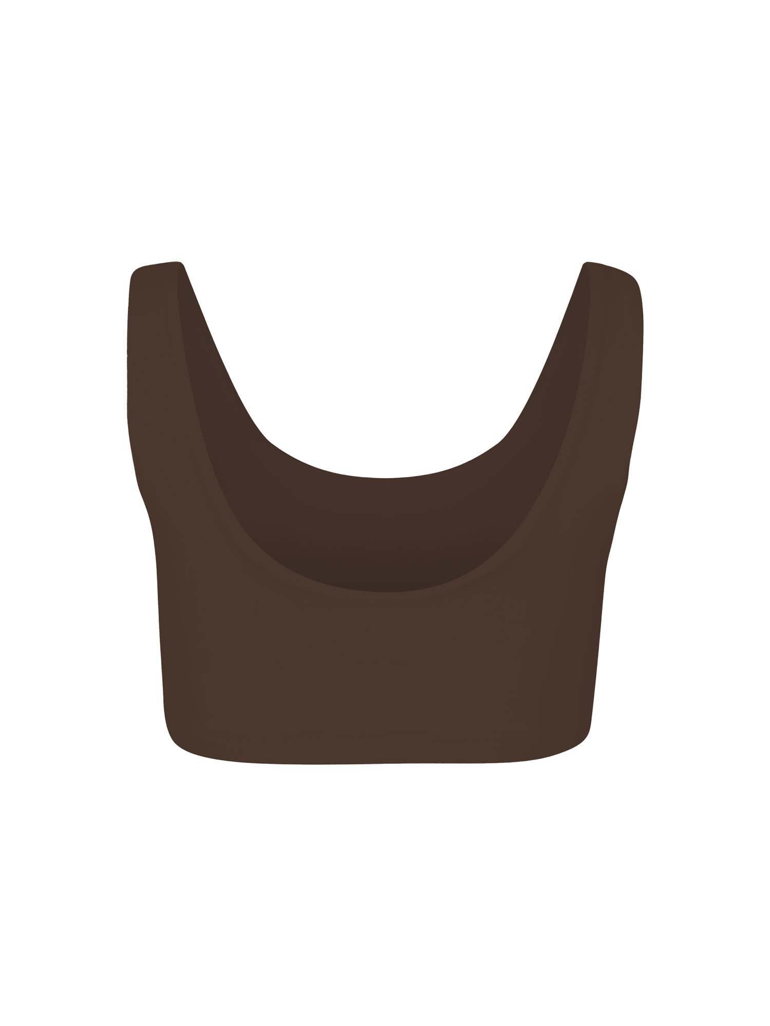 Model wearing cocoa reversible bra, high or low scoop neckline and wide shoulder straps, wireless bra, women's bamboo underwear