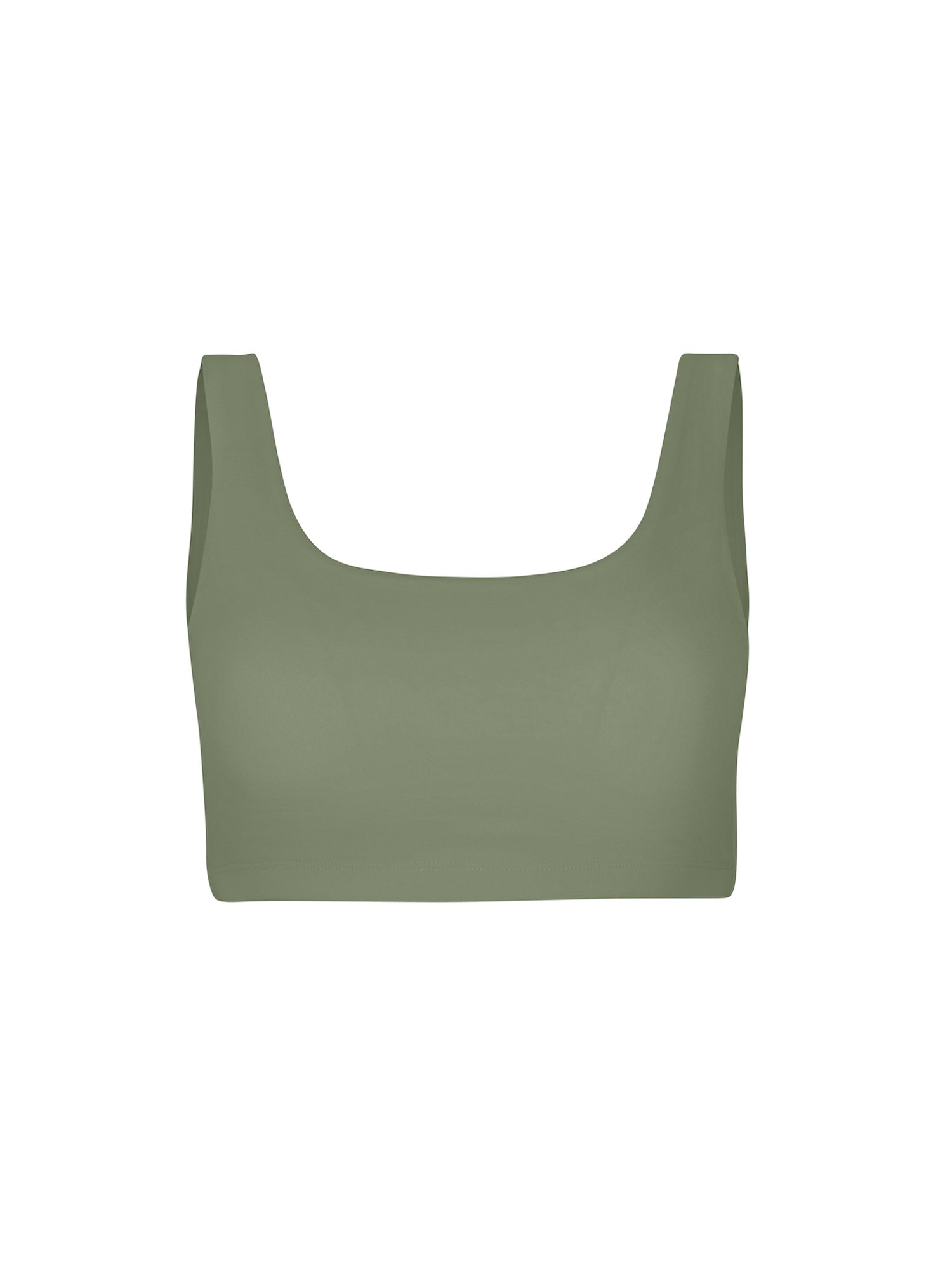 Model wearing eucalyptus green reversible bra, high or low scoop neckline and wide shoulder straps, wireless bra, women's bamboo underwear