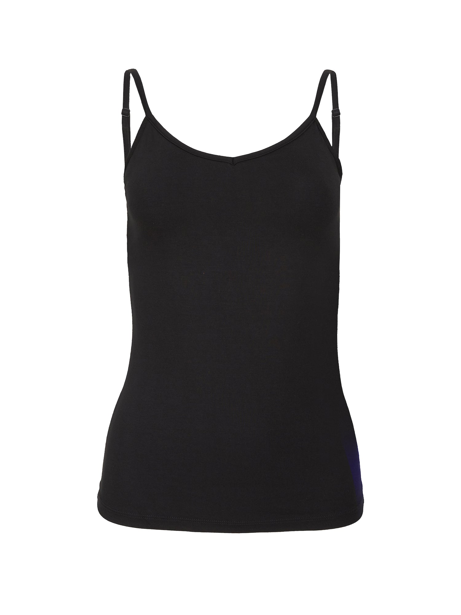black body singlet with in-built bralette, subtle v front and adjustable straps, women's bamboo clothing