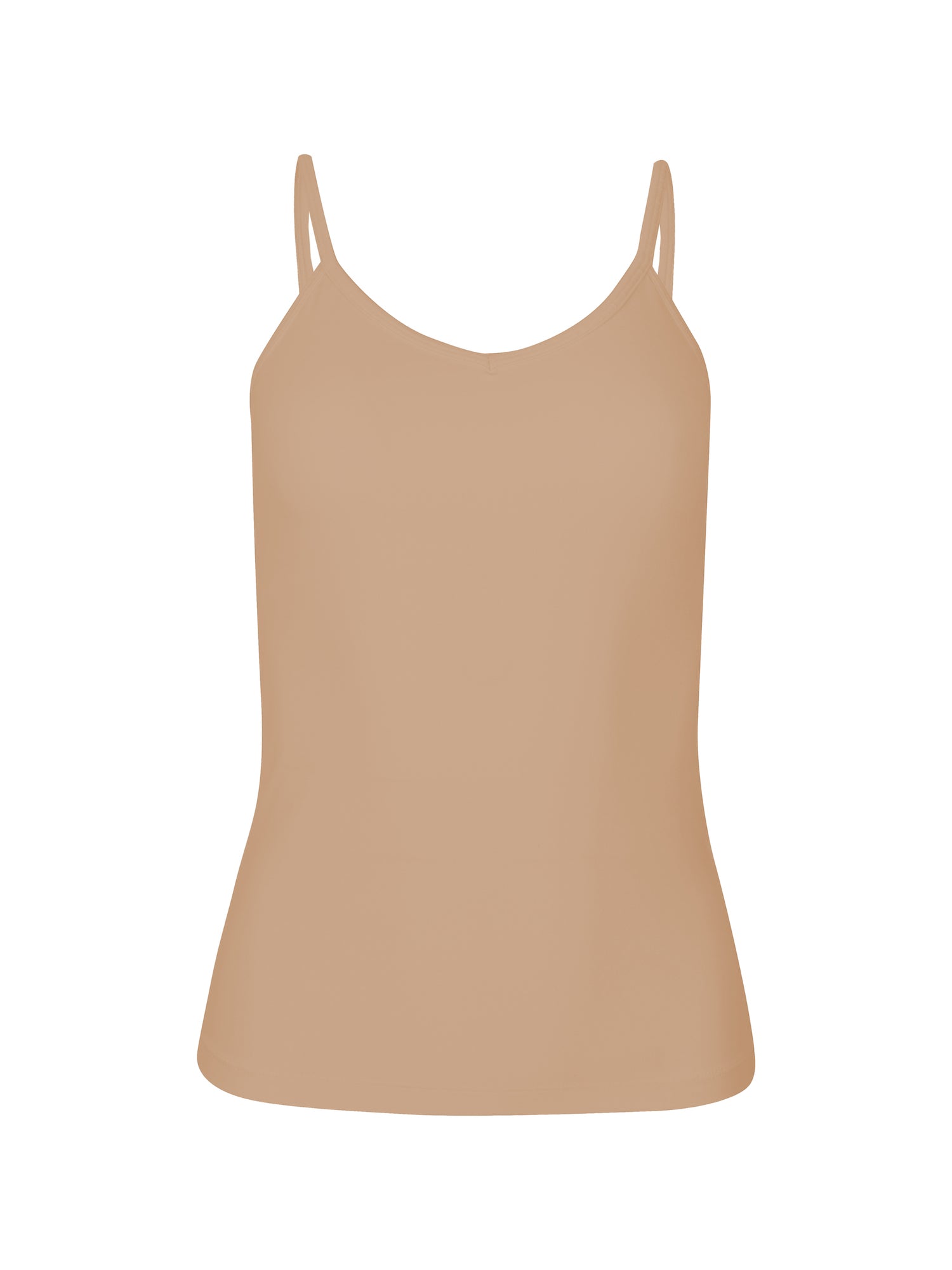 Caramel body singlet with in-built bralette, subtle v front and adjustable spaghetti straps, women's bamboo clothing