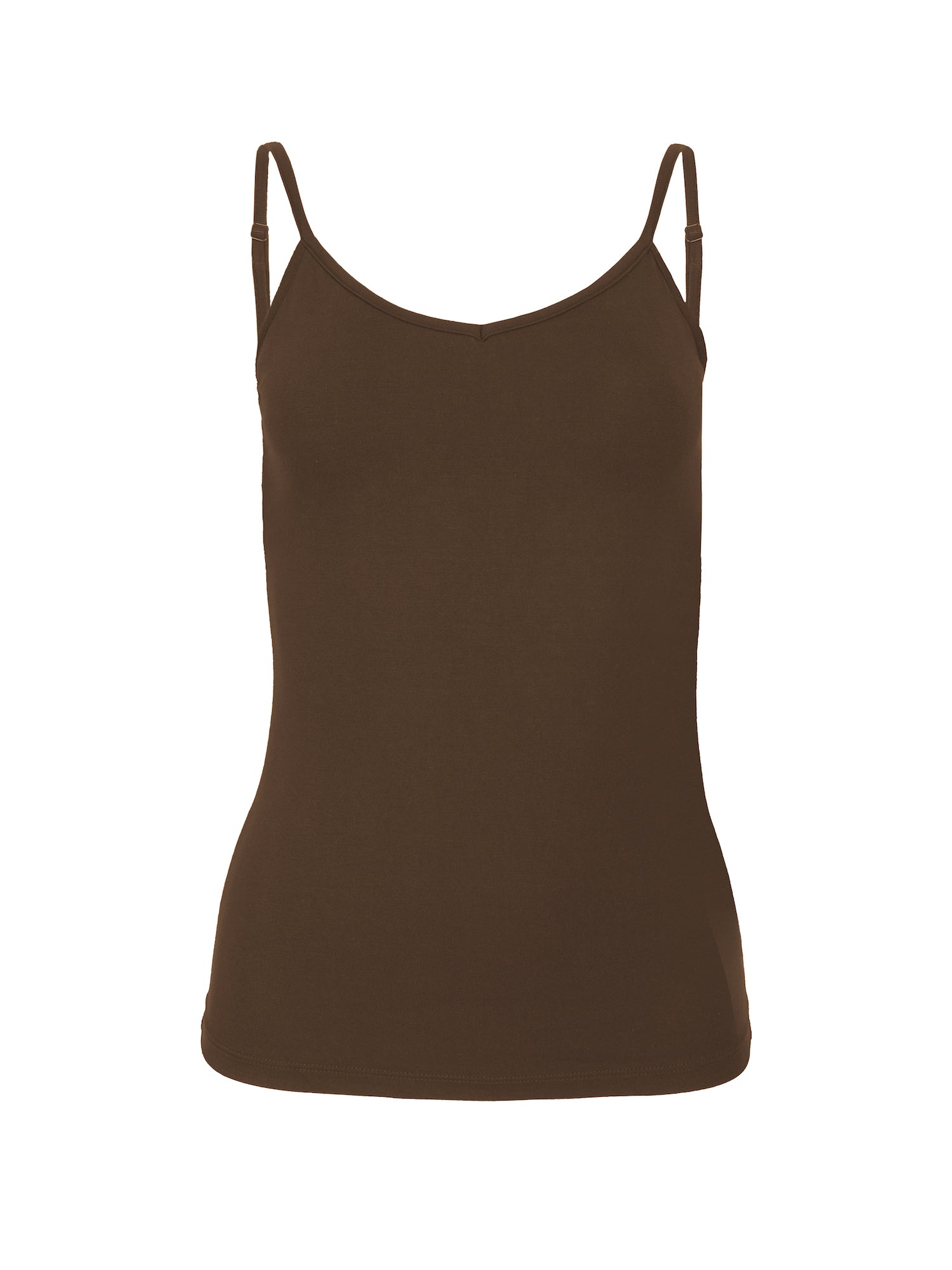 cocoa brown body singlet with in-built bralette, subtle v front and adjustable straps, women's bamboo clothing