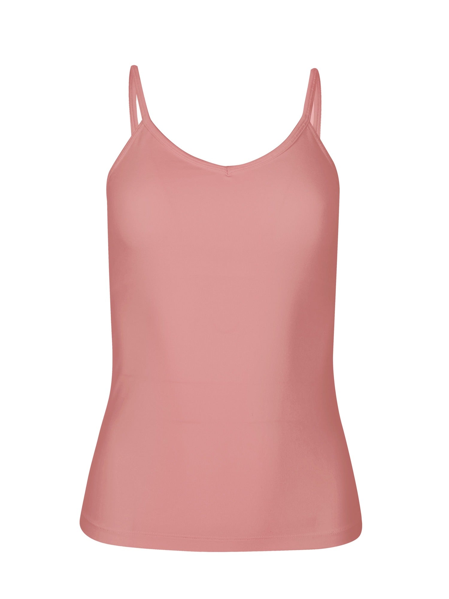 Model wearing eucalyptus body singlet with in-built bralette, subtle v front and adjustable straps, women's bamboo clothing