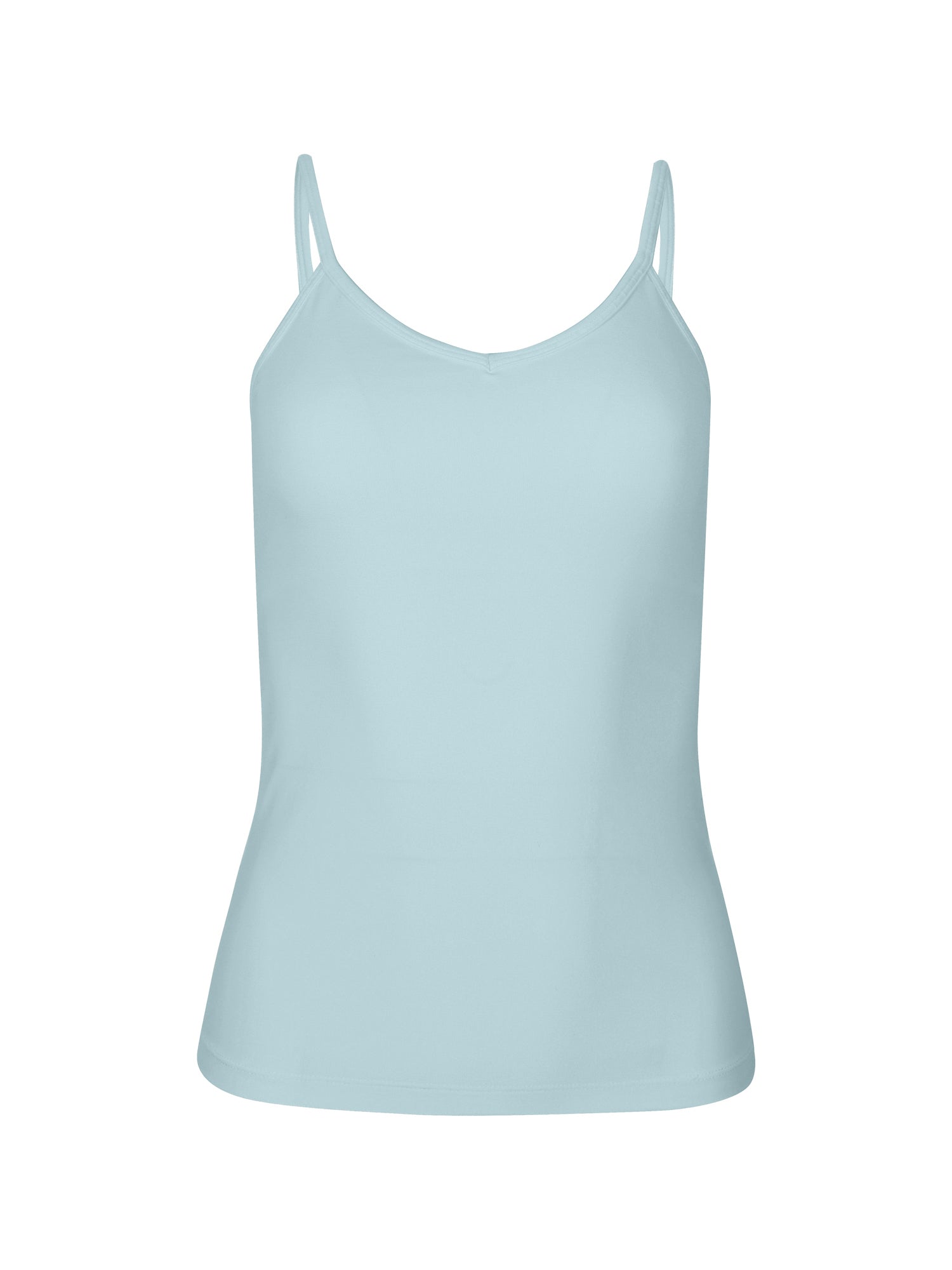 light topaz blue body singlet with in-built bralette, subtle v front and adjustable straps, women's bamboo clothing