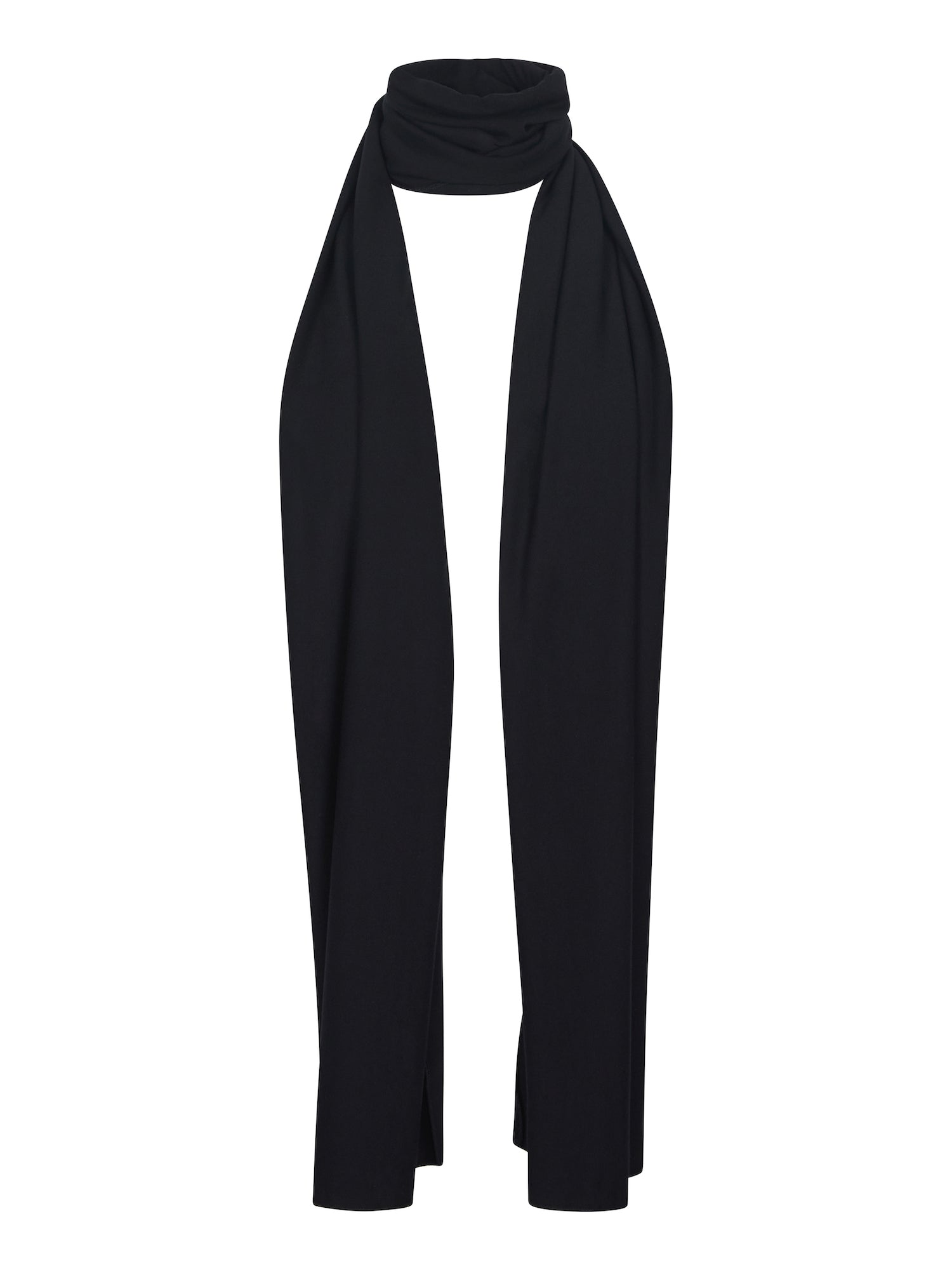 Model wearing black large scarf, convertible style worn as scarf, wrap and shawl, women's bamboo clothing accessories