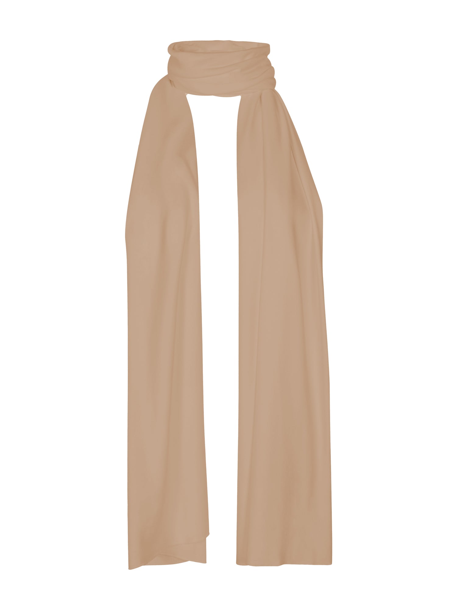 Model wearing caramel large scarf, convertible style worn as scarf, wrap and shawl, women's bamboo clothing accessories