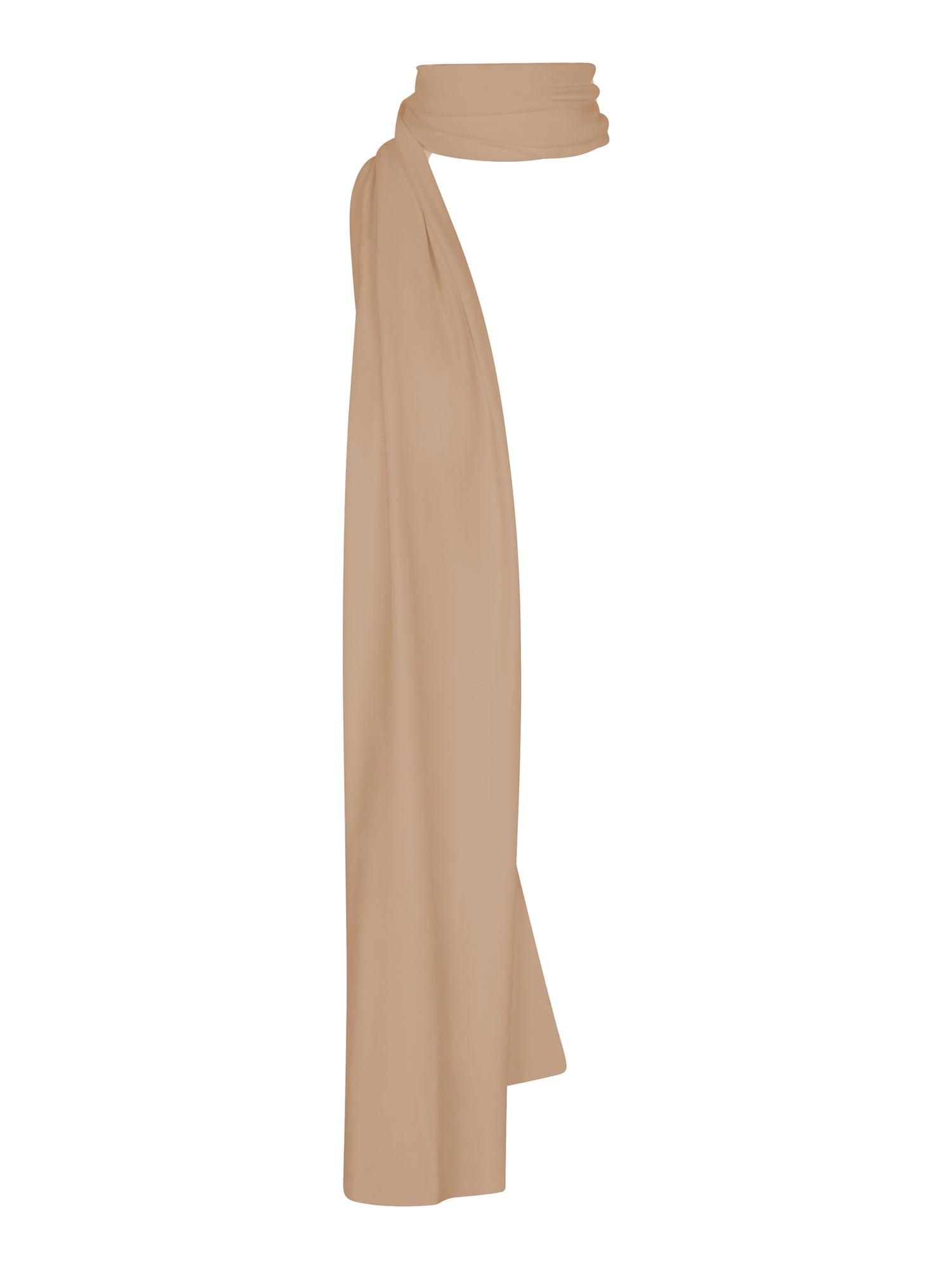 Model wearing caramel large scarf, convertible style worn as scarf, wrap and shawl, women's bamboo clothing accessories