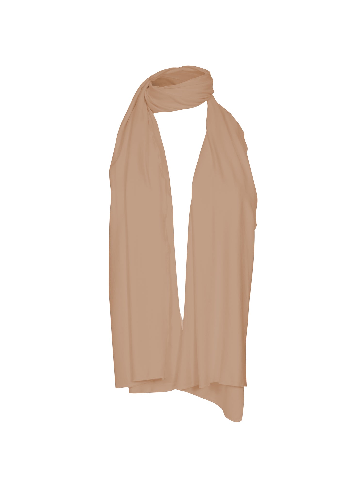 Model wearing caramel brown scarf or shawl, women's bamboo clothing accessories