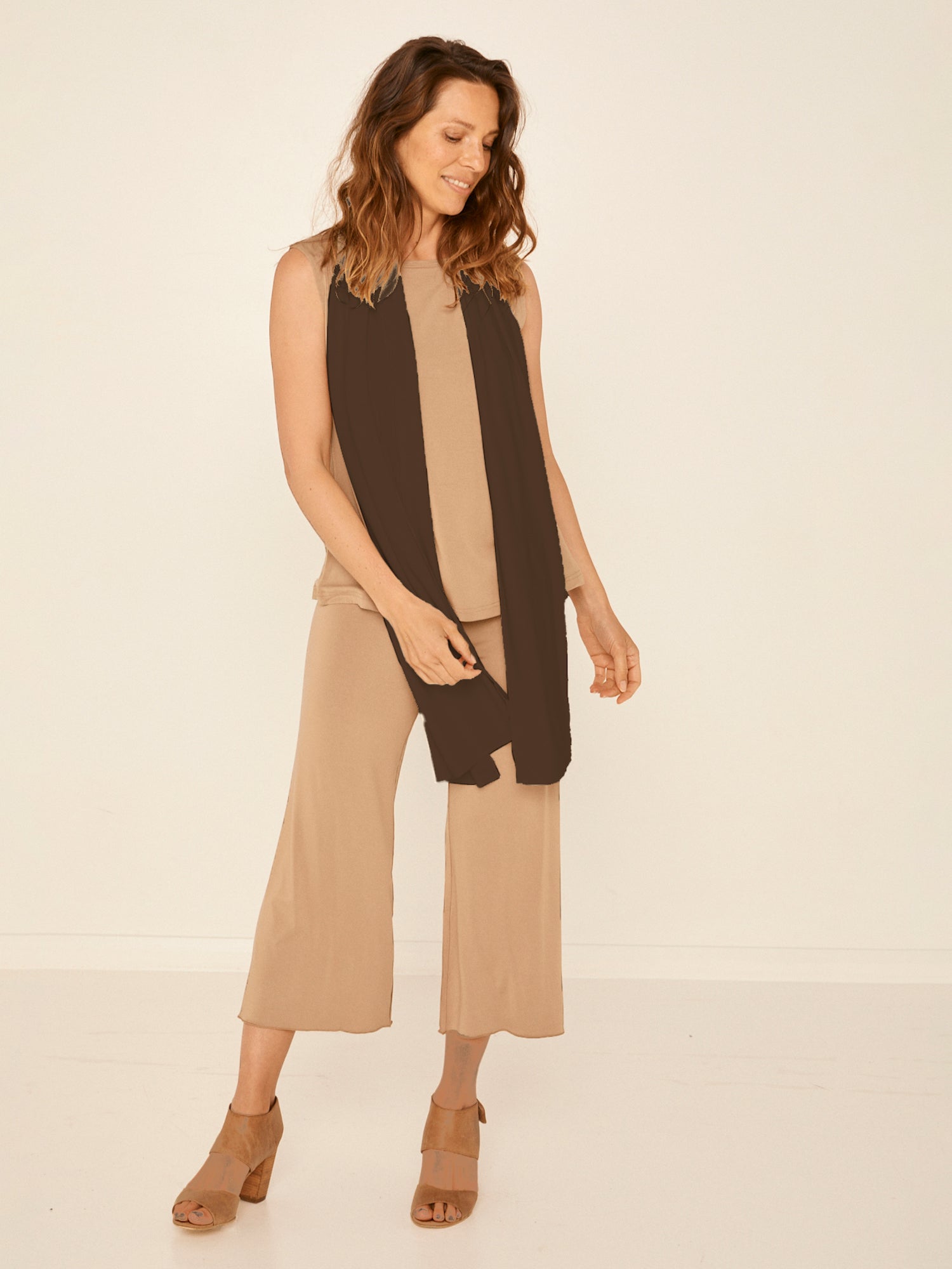 Model wearing cocoa brown scarf or shawl, women's bamboo clothing accessories